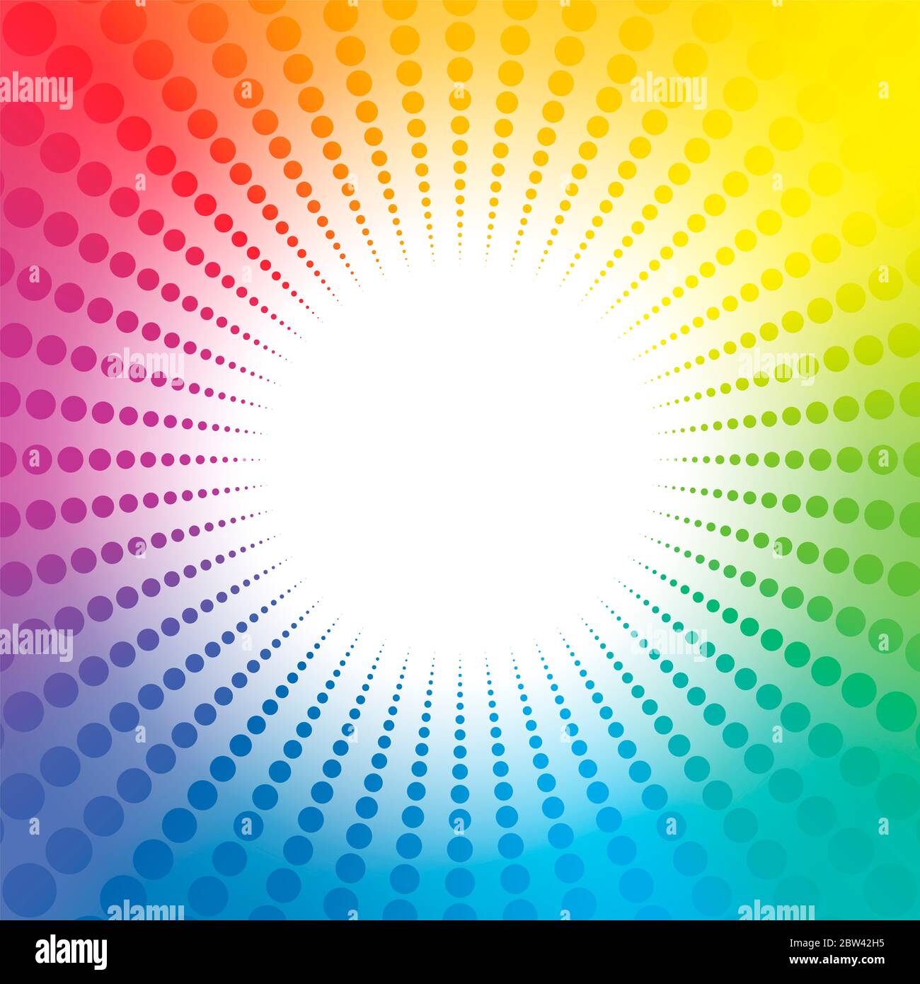 Regenbogen farbigen Punktmuster Hintergrund mit weißem Zentrum. Farbverlauf spektrale Strahlen mit Lichtmittelpunkt. Stockfoto