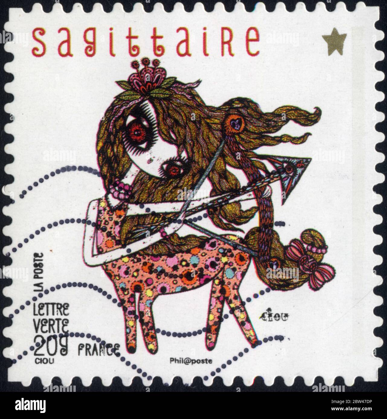 Timbre oblitéré Sagittaire. Letter verte (Letter verte). La Poste. 20g.Frankreich. Ciou Stockfoto