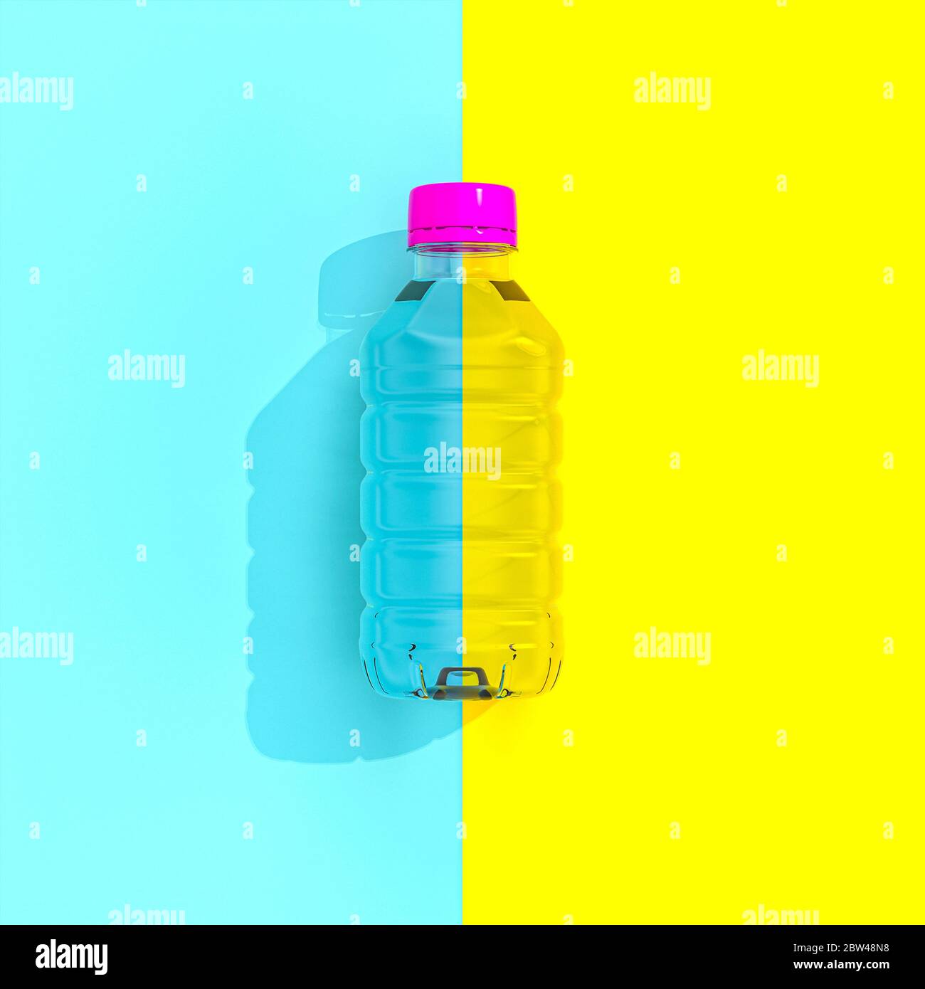 Volle Flasche Wasser auf einem bicolor flat lay Hintergrund. 3D-Rendering. Niemand da. Quadratisches Format. Stockfoto