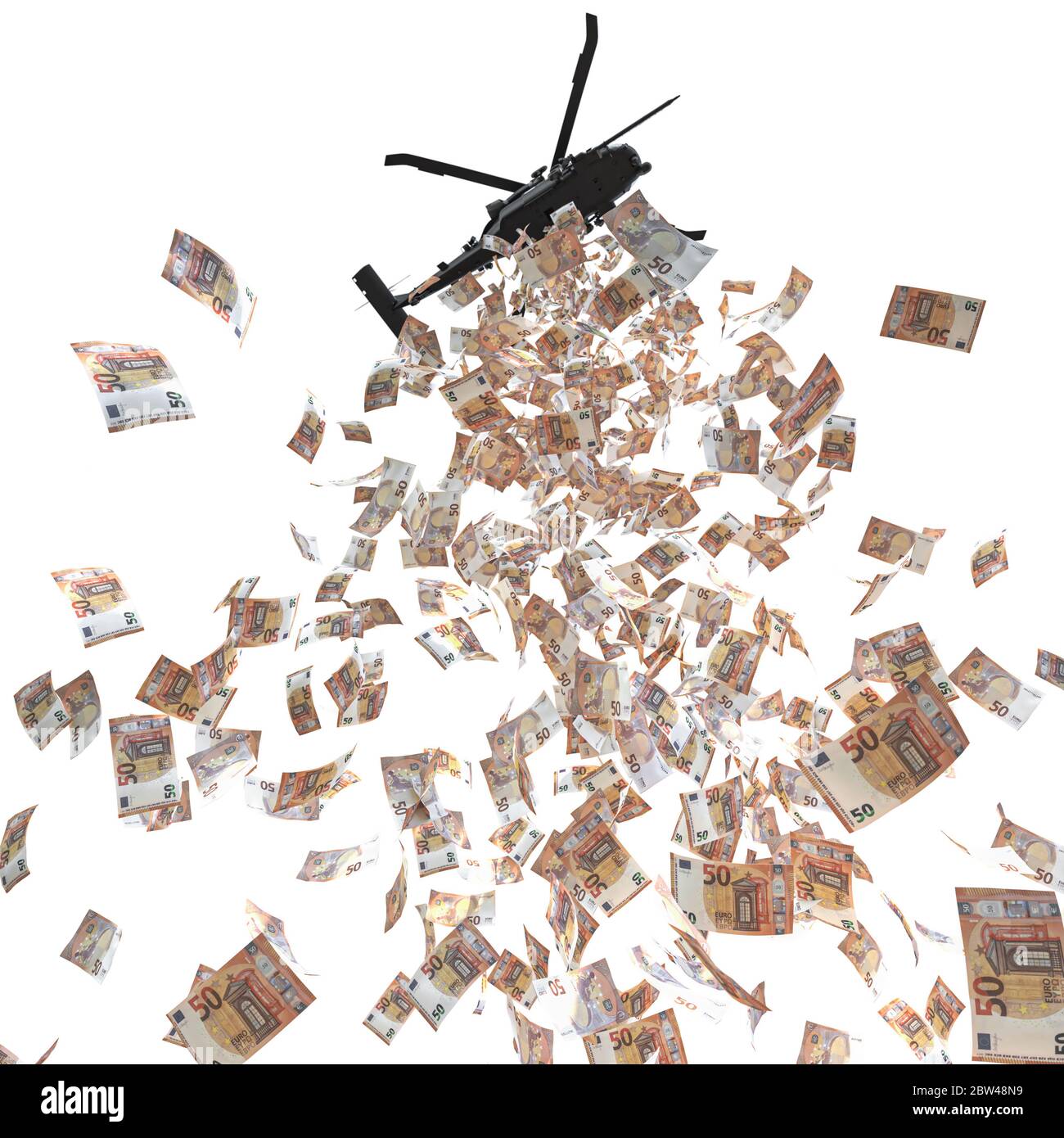 Hubschrauber verteilt Geld Euro Bargeld. Unterseite auf weiß isoliert. 3d Render. Helikopter Geld Konzept, Finanzkrise. Stockfoto