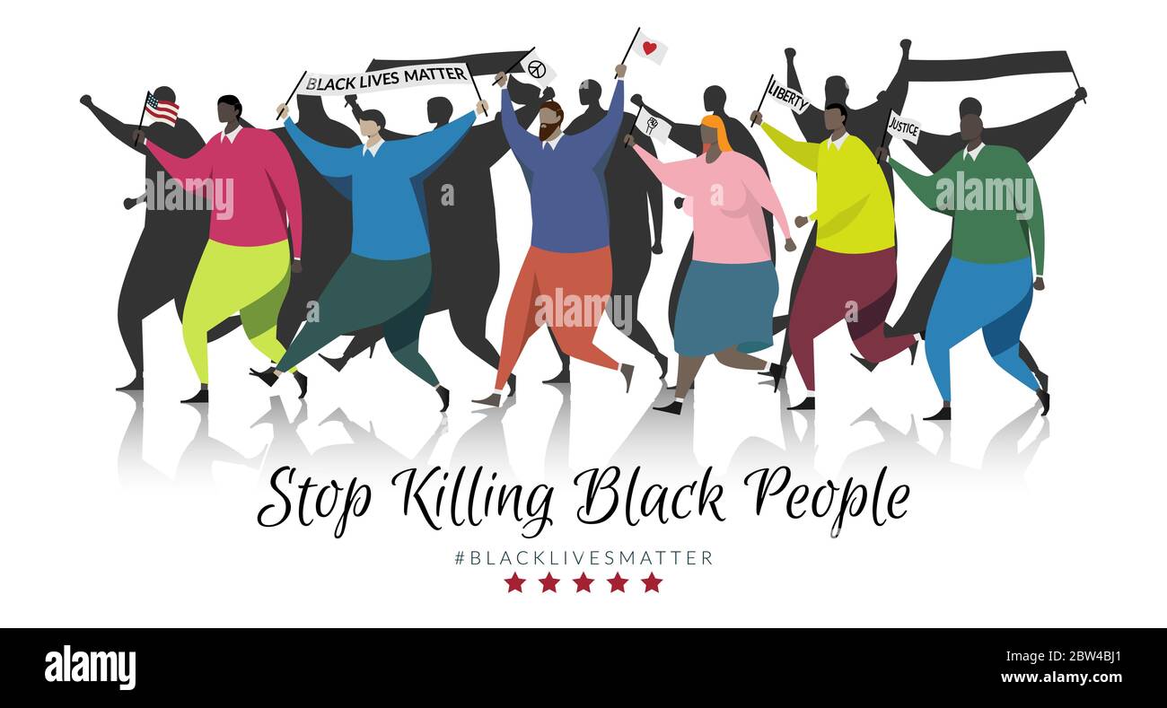 Black Lives Matter Konzept. Gruppe von Demonstranten ging heraus, um gegen Gewalt gegen schwarze Menschen zu protestieren, halten Zeichen schwarze Leben wichtig, Amerika Stock Vektor