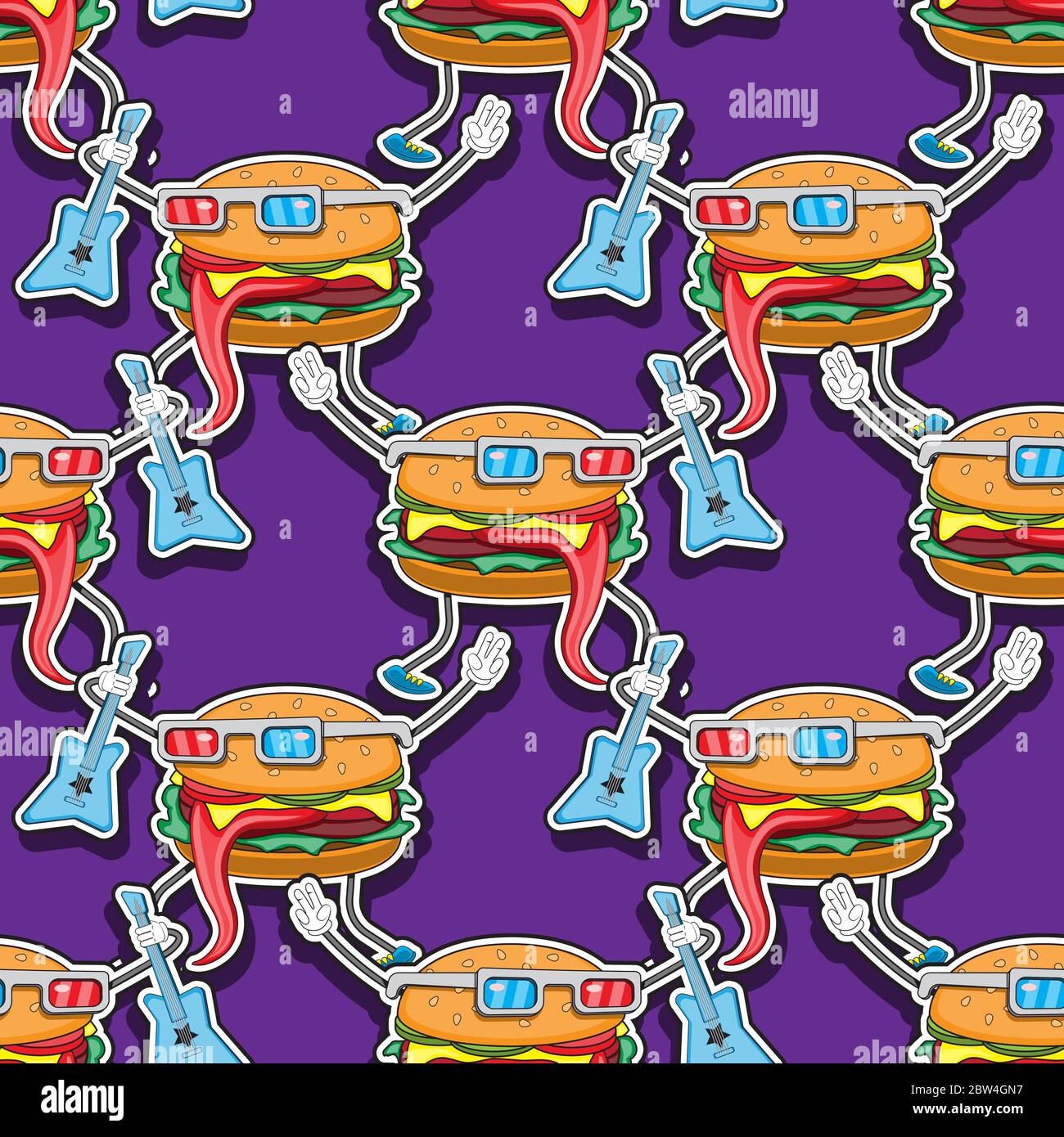 Nahtloses Burger Muster mit Gitarre auf lila Hintergrund. Vektorbild Stock Vektor