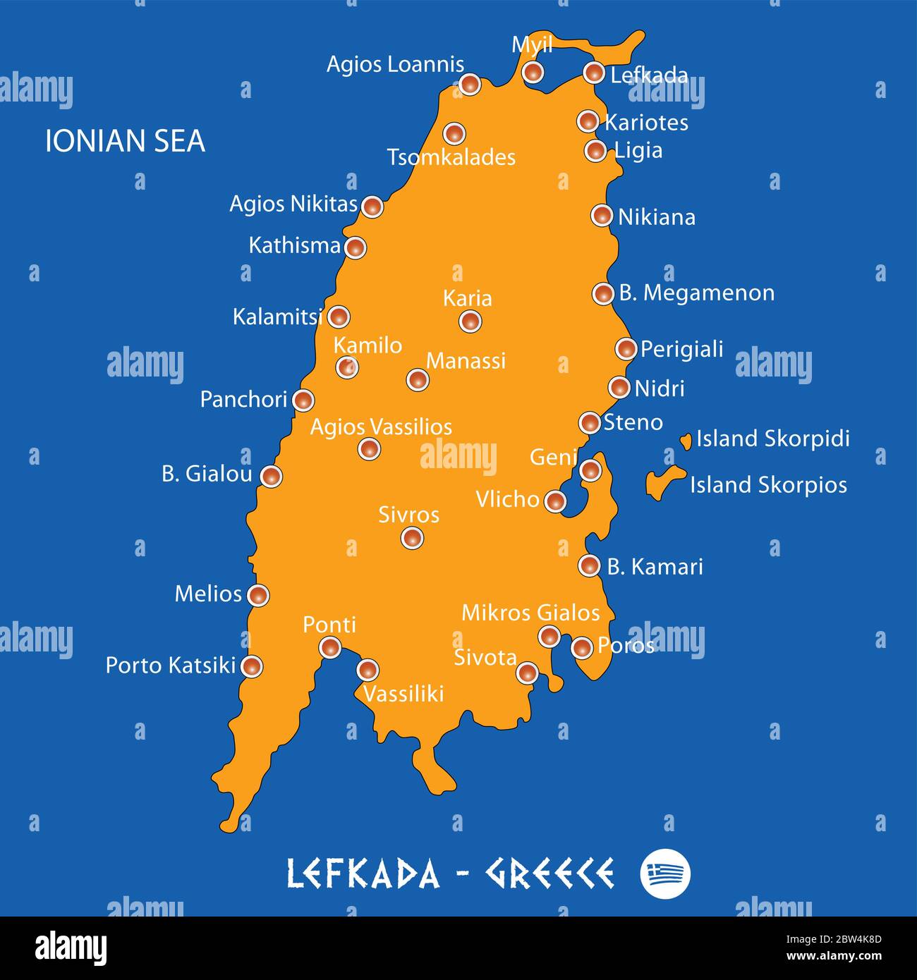 Insel lefkada in Griechenland orangene Kartenkunst und blauer Hintergrund Stock Vektor