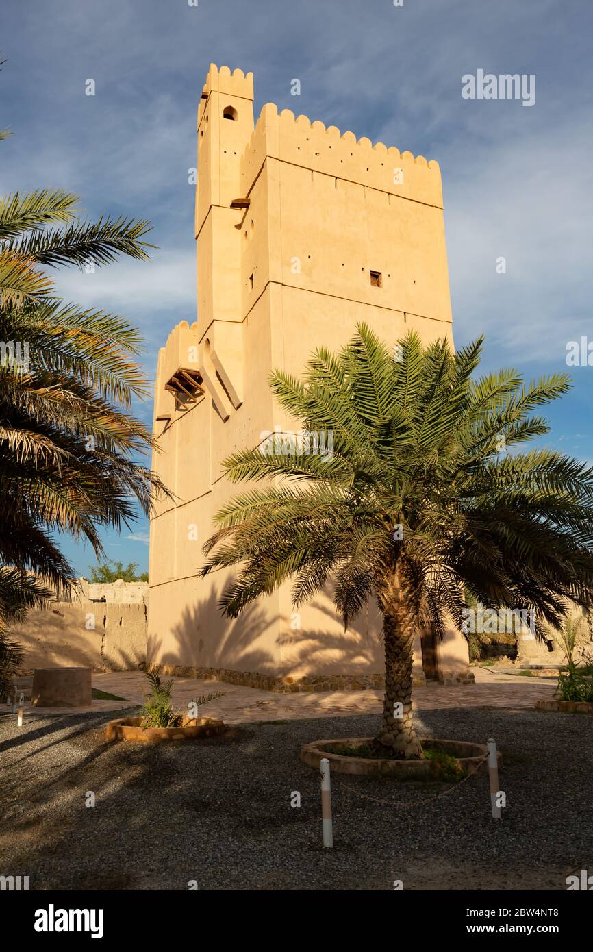 Blick auf Fort Fiqain hinter Palmen in Manah Oman Stockfoto