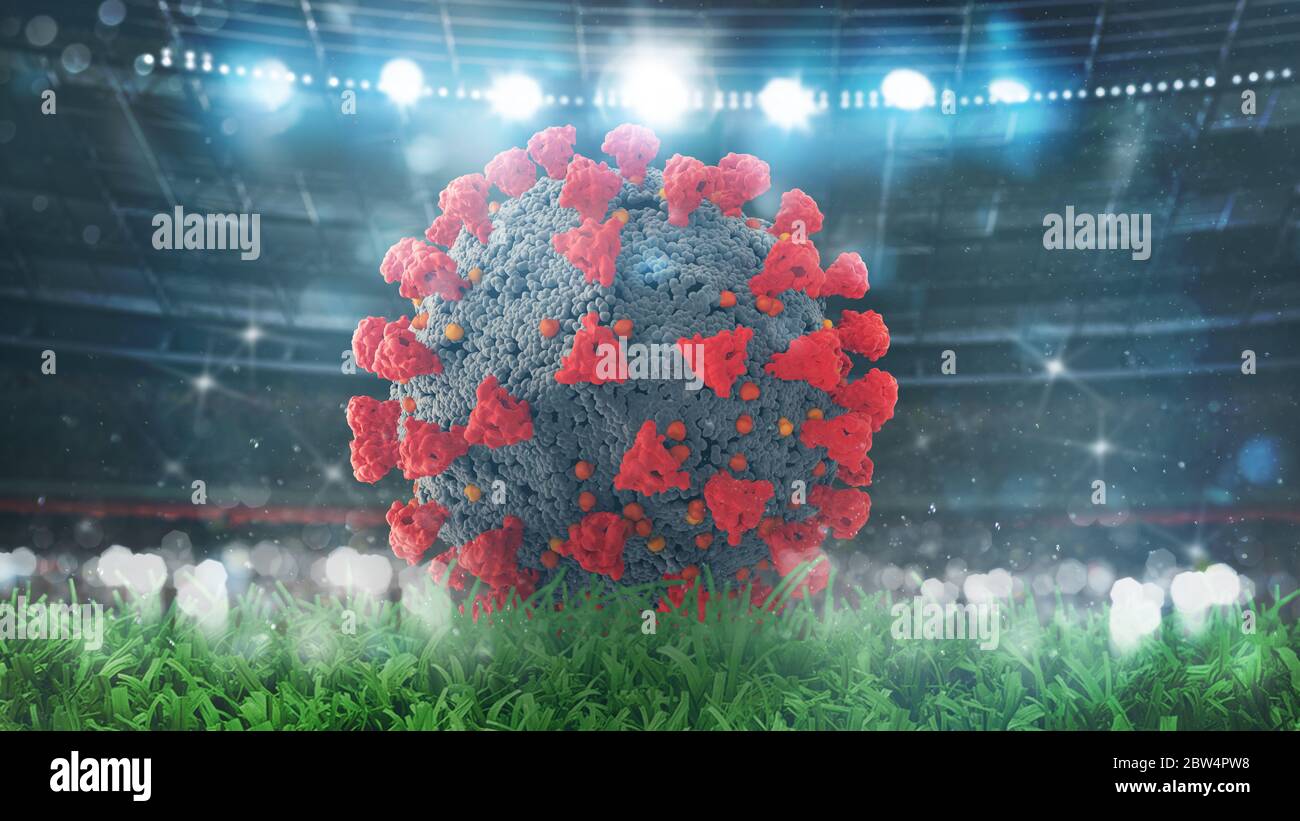 Nahaufnahme eines Virus-Soccerballs im Stadion Stockfoto