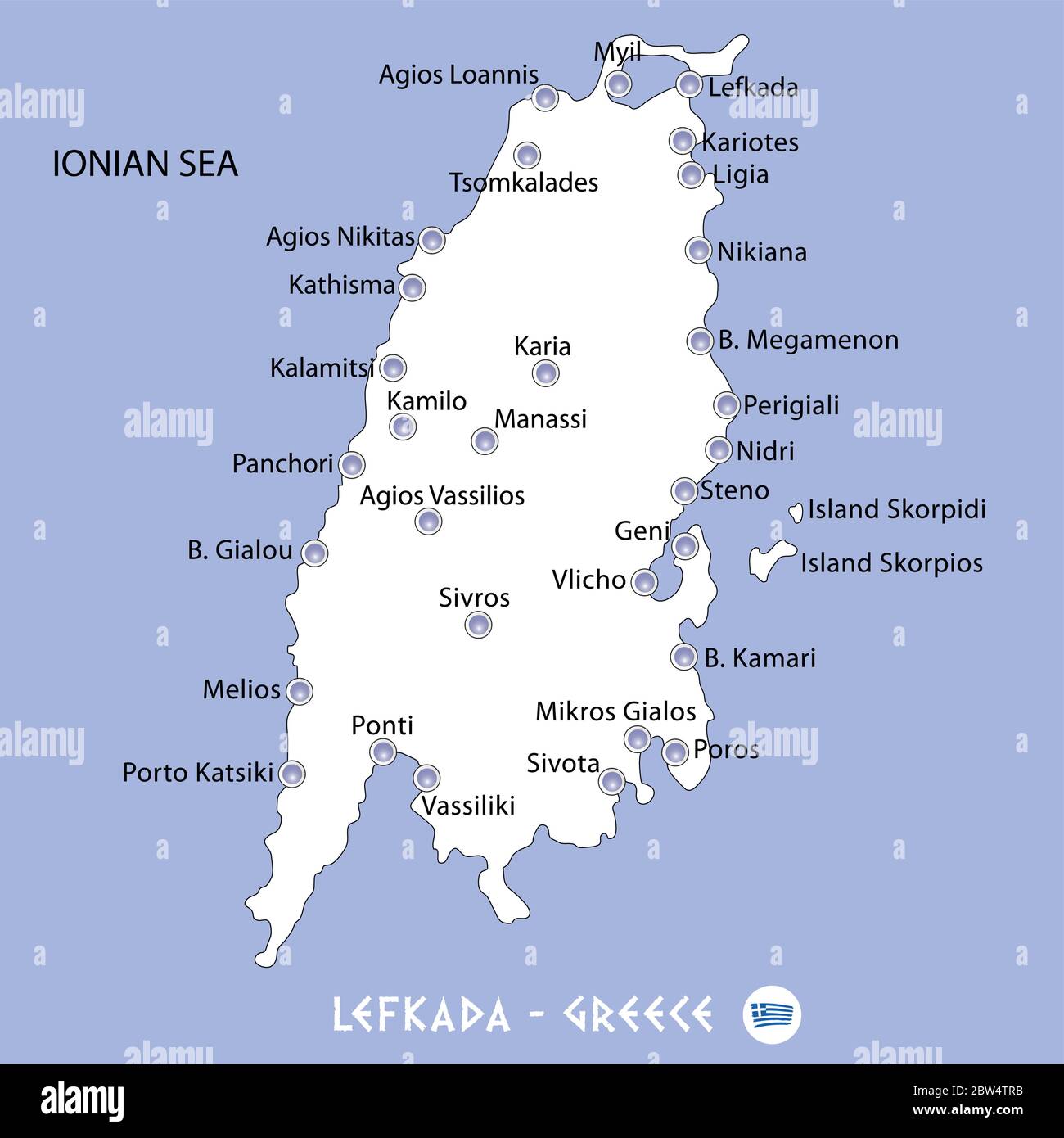 Insel lefkada in griechenland weiße Karte und blauer Hintergrund Illustration in bunt Stock Vektor