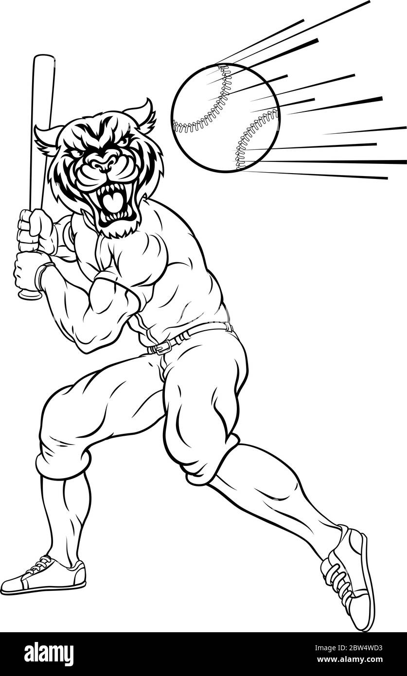 Tiger Baseballspieler Maskottchen Schwingen Bat bei Ball Stock Vektor