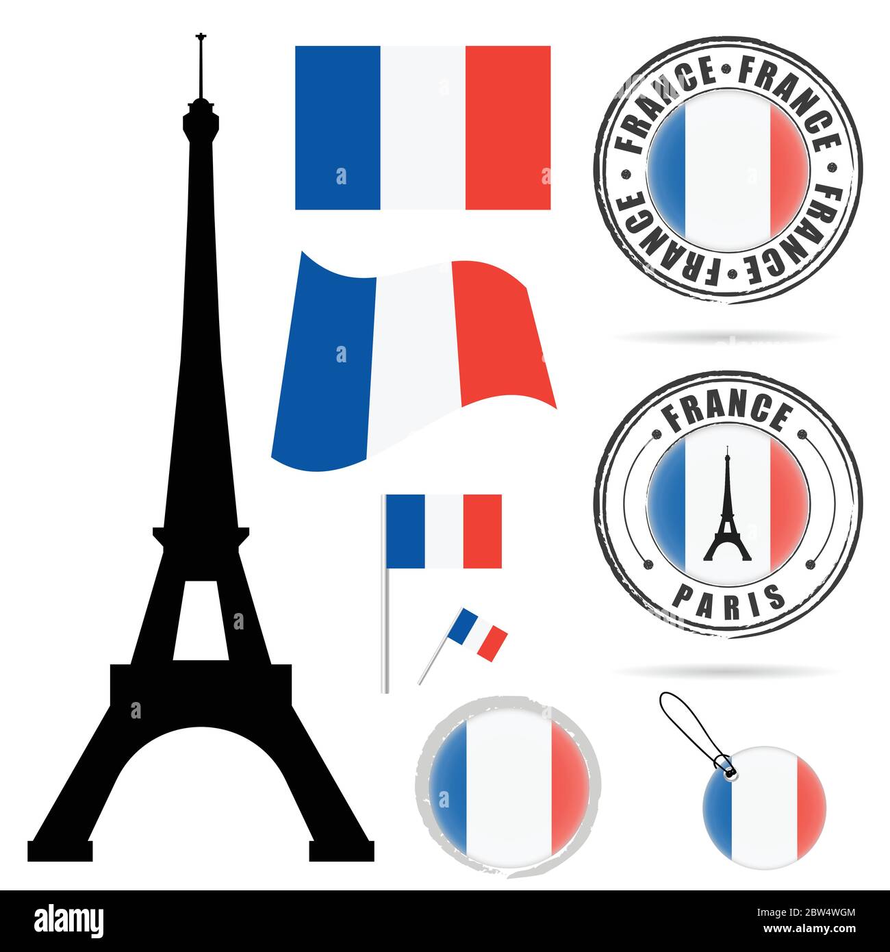 frankreich Flagge mit Tour eiffel Design Illustration in bunt auf weiß gesetzt Stock Vektor