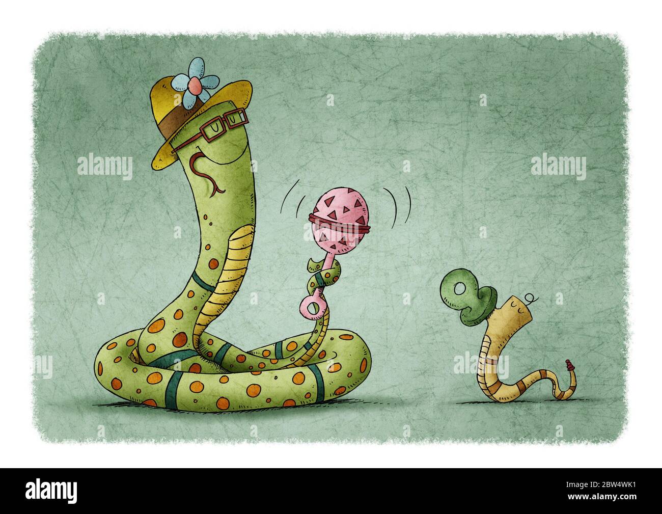 Mutter Schlange winkt eine bunte Rassel zu einem Baby Schlange, die einen Schnuller hat. Mutterschaft Konzept Stockfoto