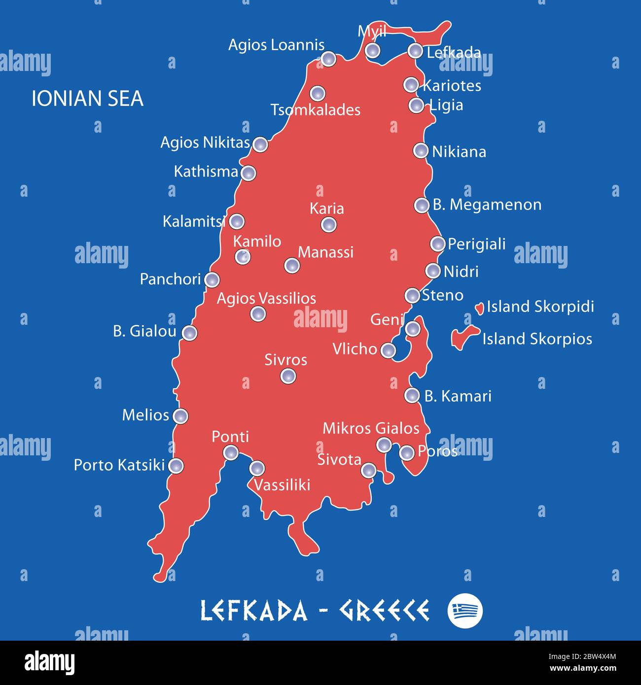 Insel lefkada in griechenland Rote Karte Illustration in bunt Stock Vektor