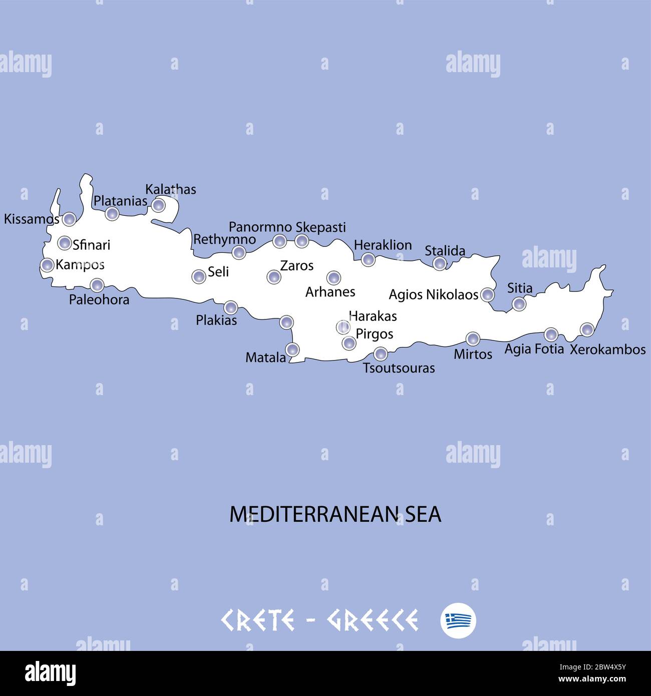 Insel kreta in griechenland weiße Karte und blauer Hintergrund Illustration in bunt Stock Vektor