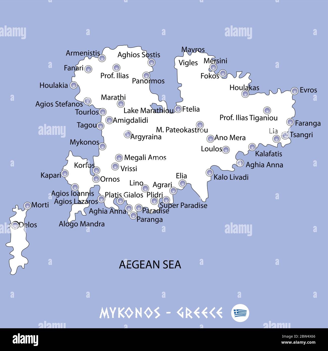 Insel mykonos in griechenland weiße Karte und blauer Hintergrund Illustration in bunt Stock Vektor