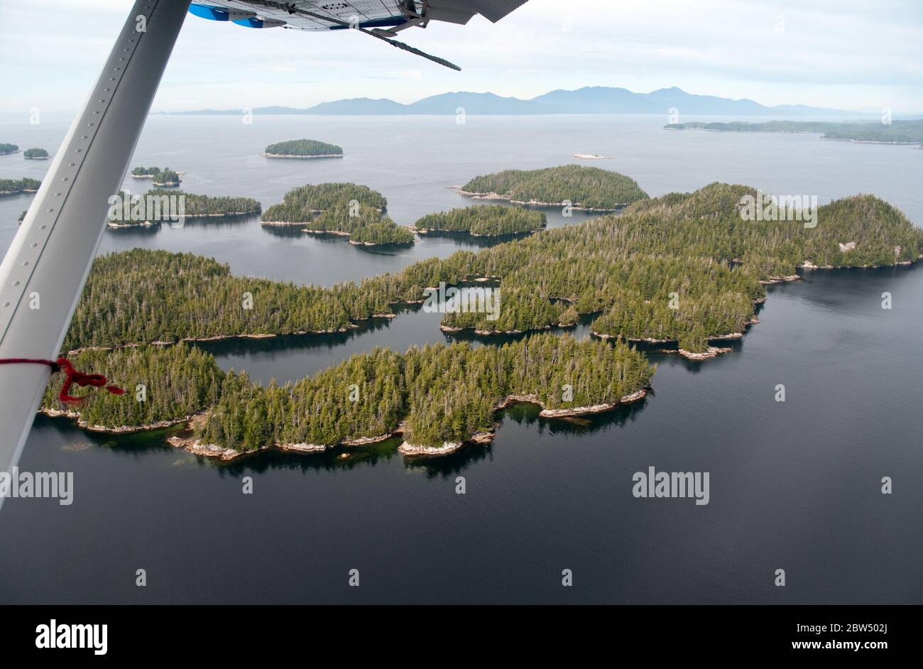 Luftaufnahme einer Gruppe von bewaldeten Inseln bei Ebbe an der Mündung des Rivers Inlet, Great Bear Rainforest, Central Coast, British Columbia, Kanada. Stockfoto