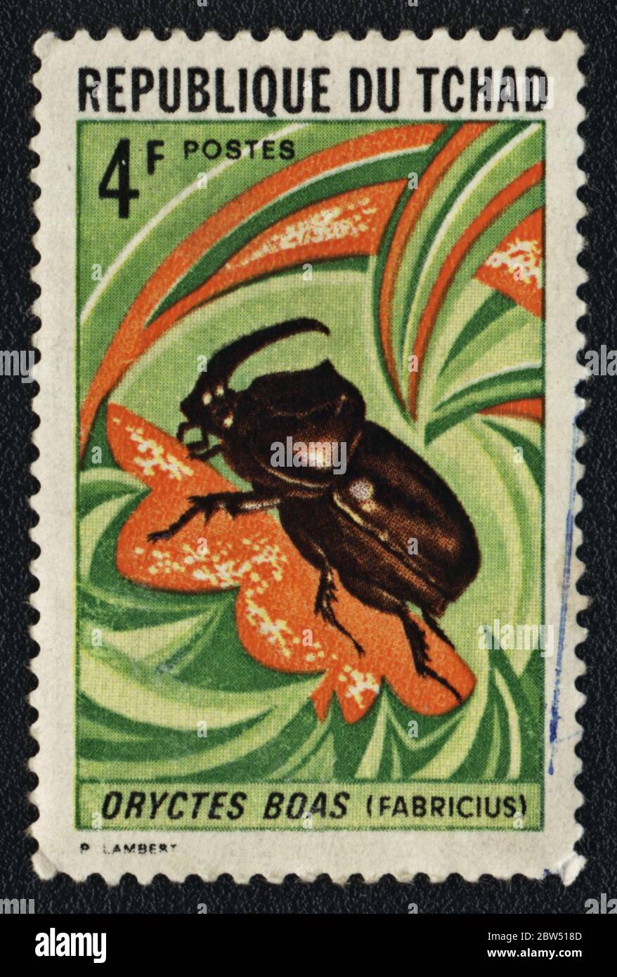 Oryctes boas (Fabricius) oder Boas Nashornkäfer. Briefmarke Republik Tschad Stockfoto
