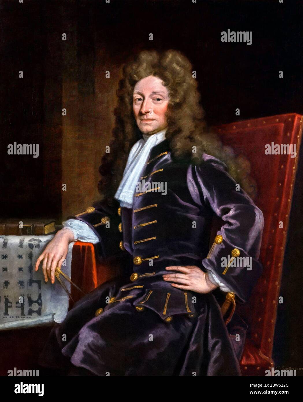 Christopher Wren. Porträt des englischen Architekten Sir Christopher Wren (1632-1723), der für die Gestaltung der St. Paul's Cathdral berühmt ist. Gemälde von Sir Godfrey Kneller, Öl auf Leinwand, 1711 Stockfoto