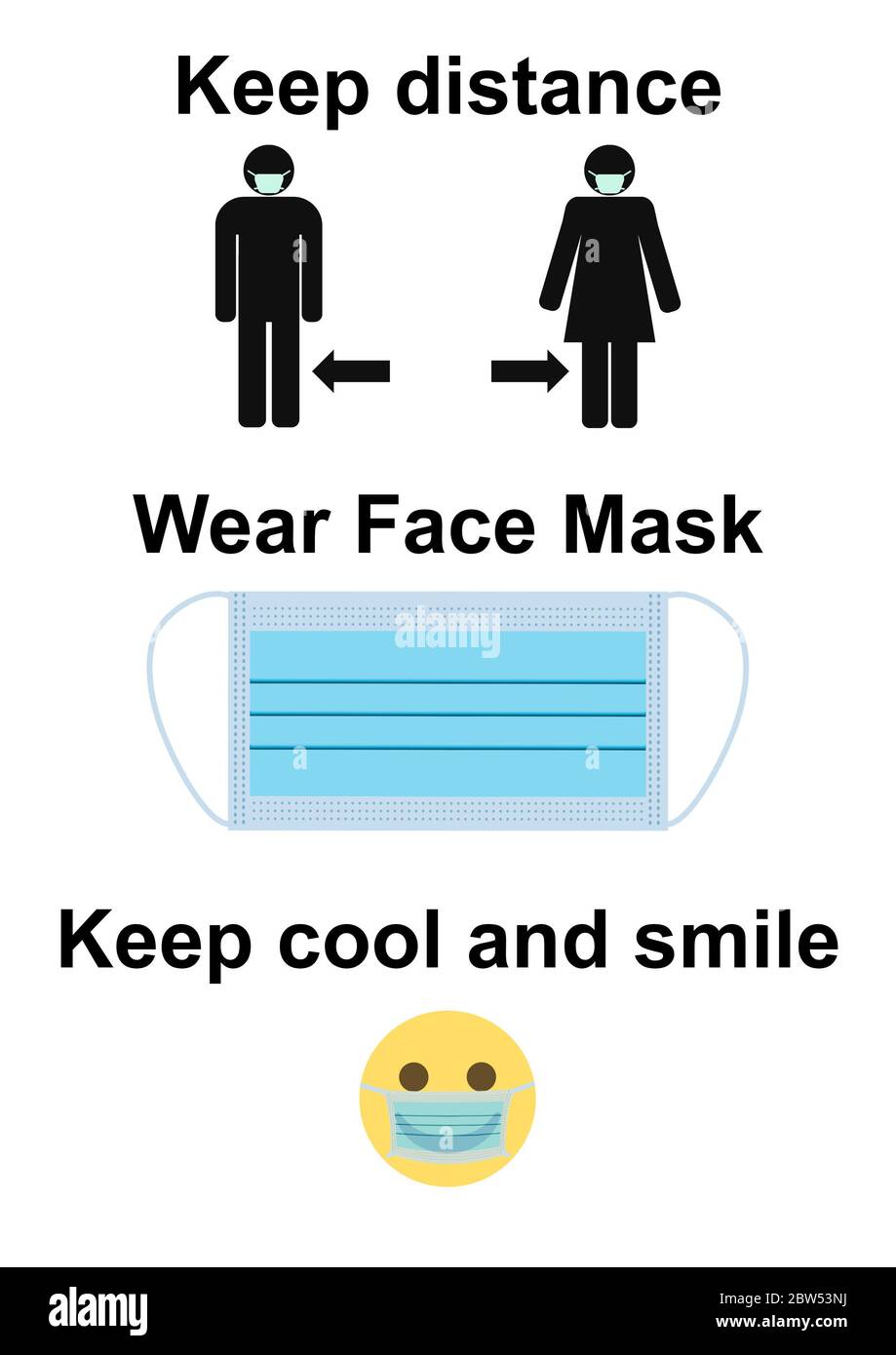 Coronavirus Regeln: Abstand halten, Gesichtsmaske tragen. Und bleiben Sie cool und lächeln! Für mehrere Verwendungen signieren. Z. B. Restaurants, Geschäfte, Museen. Stockfoto