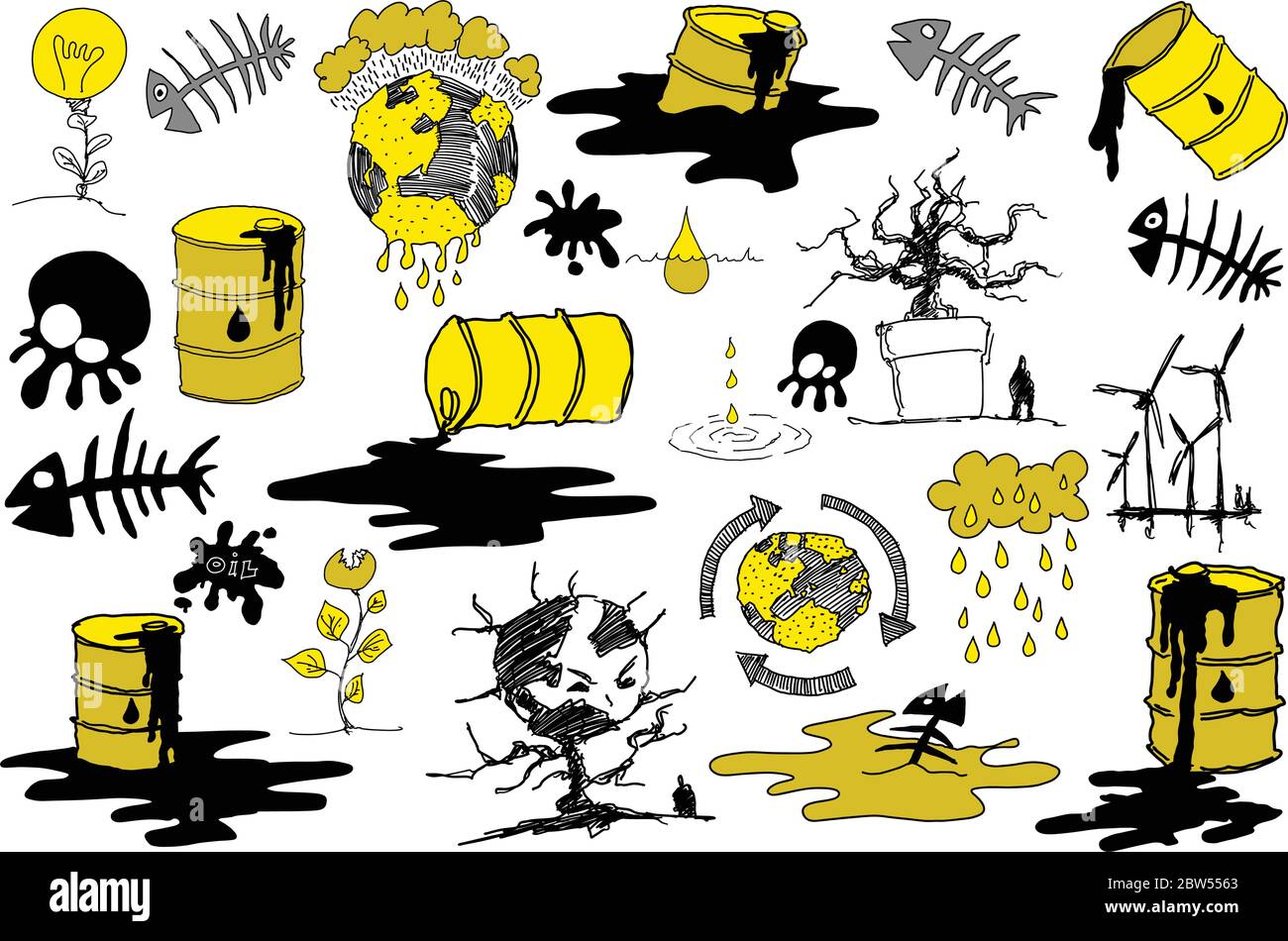 Viele handgezeichnete Skizzen zu Themen rund um Natur und Umwelt und Ökologie sowie Planeten Erde und Wetter und Verschmutzung Stock Vektor