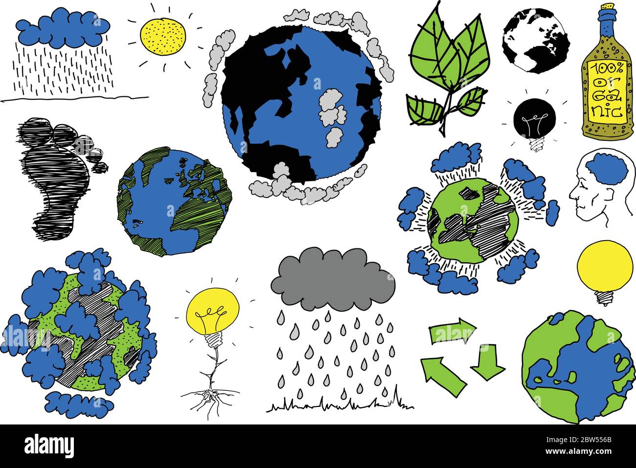 Viele handgezeichnete Skizzen zu Themen rund um Natur und Umwelt sowie Ökologie und Planet Erde und Wetter Stock Vektor