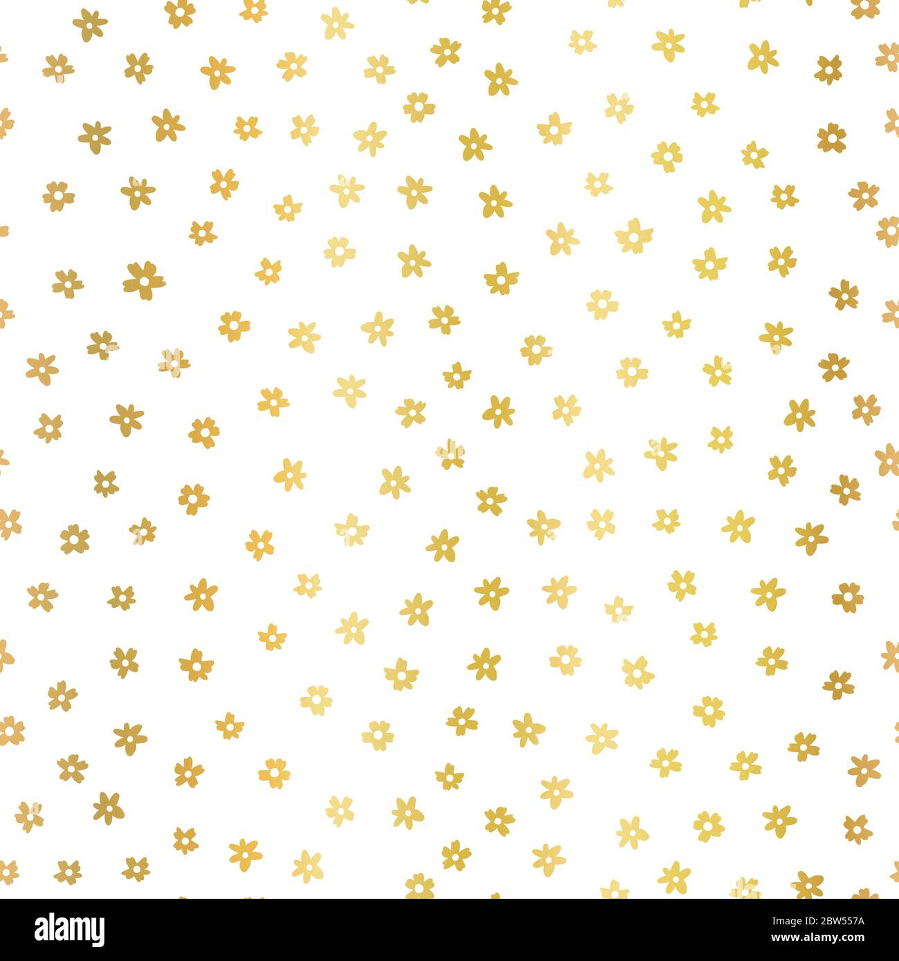 Gold Folie Ditsy Blumen nahtlose Vektor-Muster. Goldene Blumenfaux in Metallic-Optik auf weißem Hintergrund. Wiederholende duckende Blume Hintergrund. Sommer oder Frühling Stock Vektor
