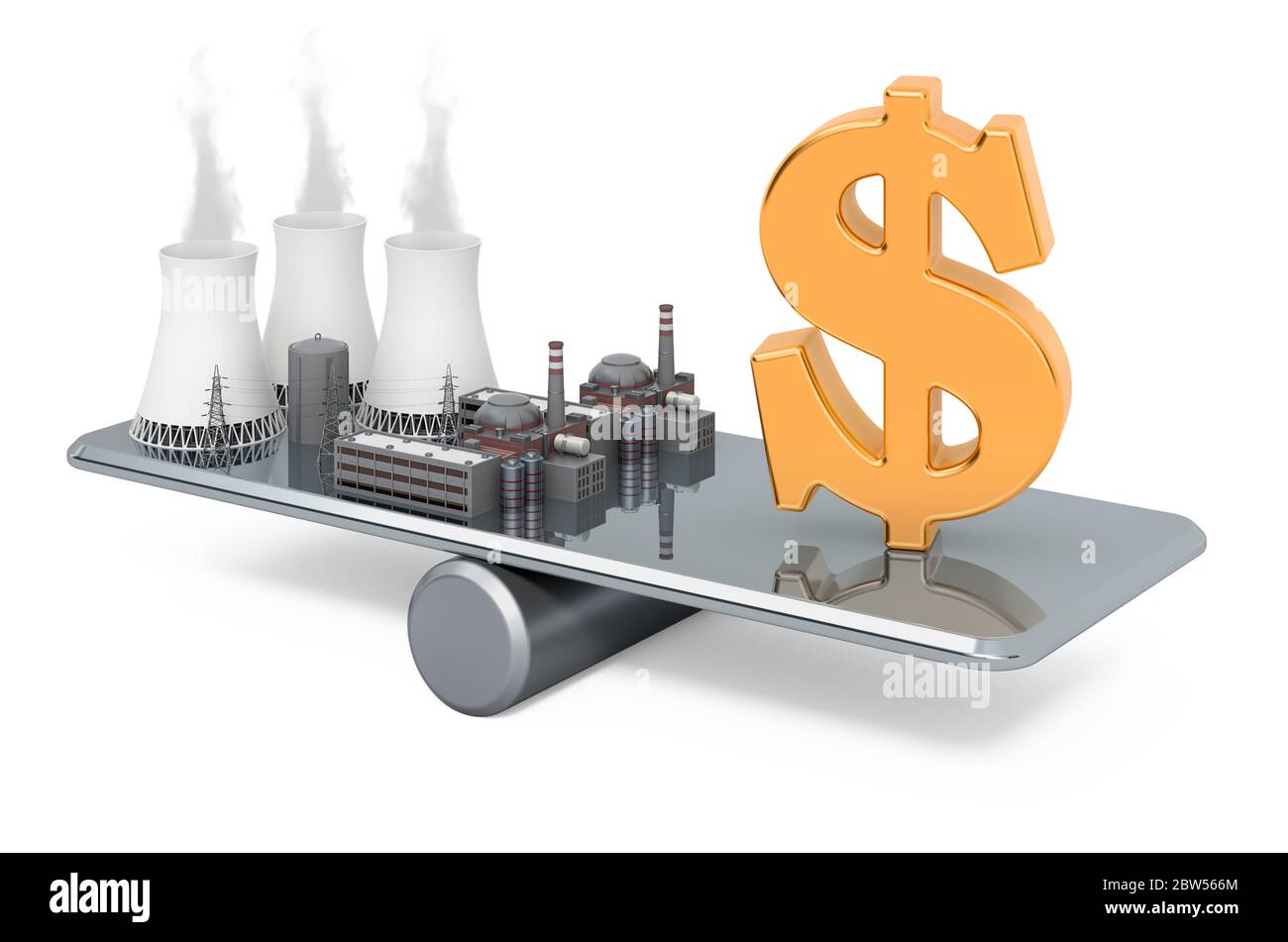Balance Konzept, Geld und Kernkraft. 3D-Rendering auf weißem Hintergrund isoliert Stockfoto