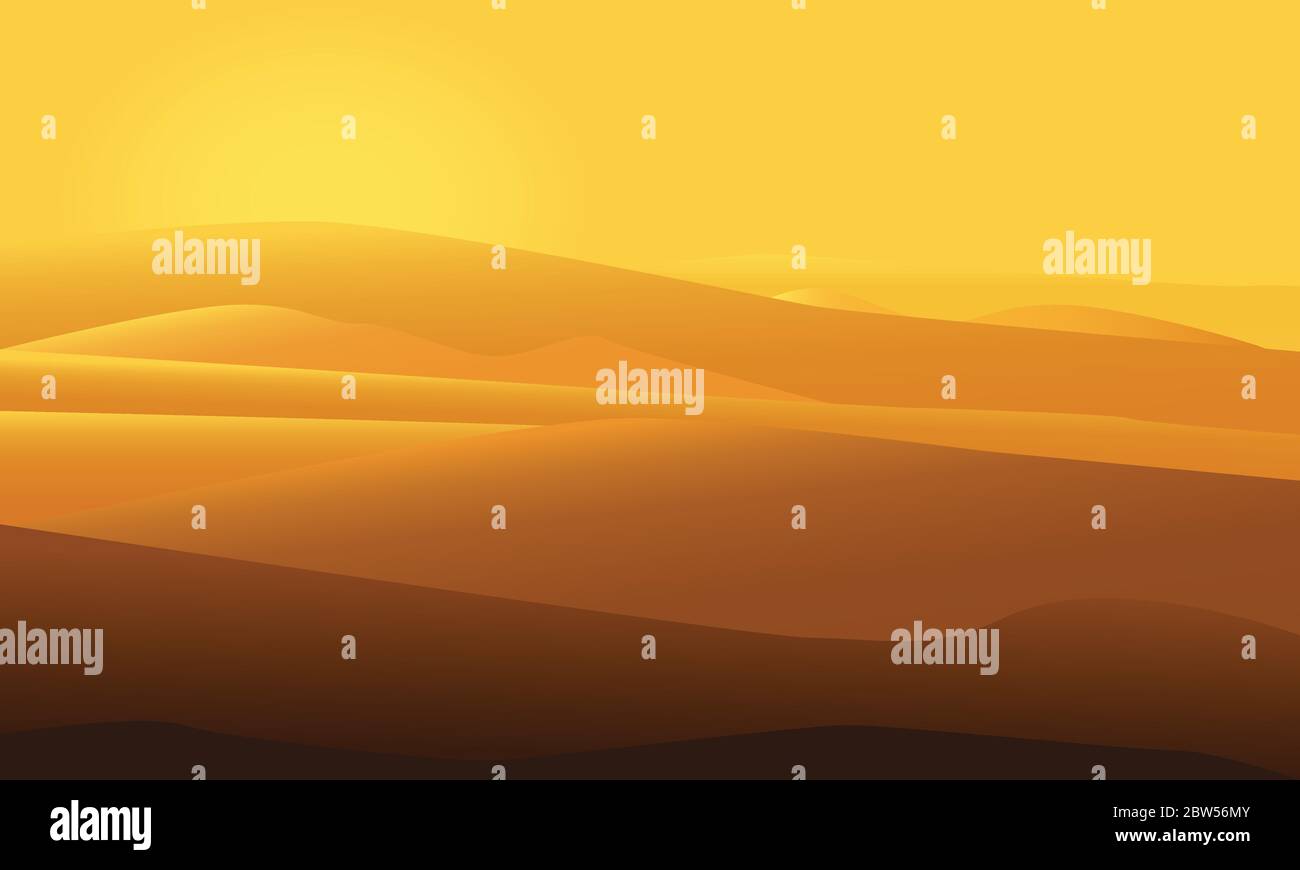 Wüste Landschaft Vektor-Illustration mit Sonne über Sanddünen. Morgen Wüste Berge. Stock Vektor