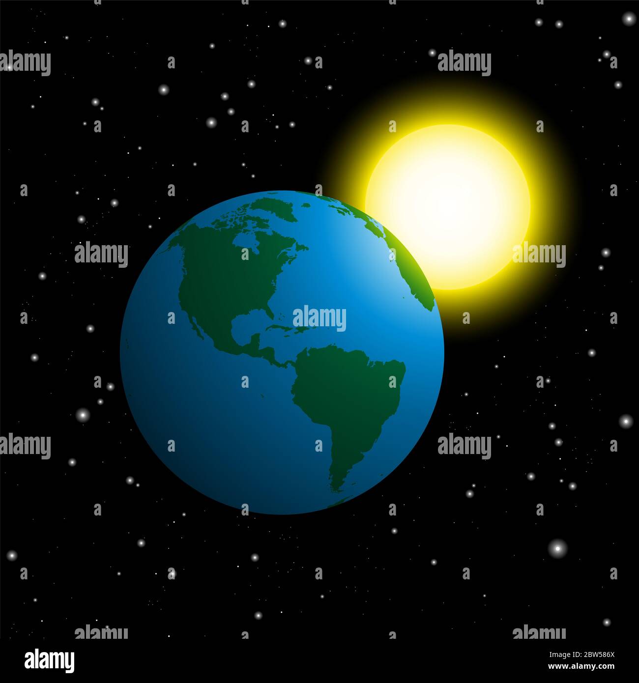 Planet Erde und Sonne im Weltraum - Illustration auf Sternennacht schwarzem Hintergrund. Stockfoto