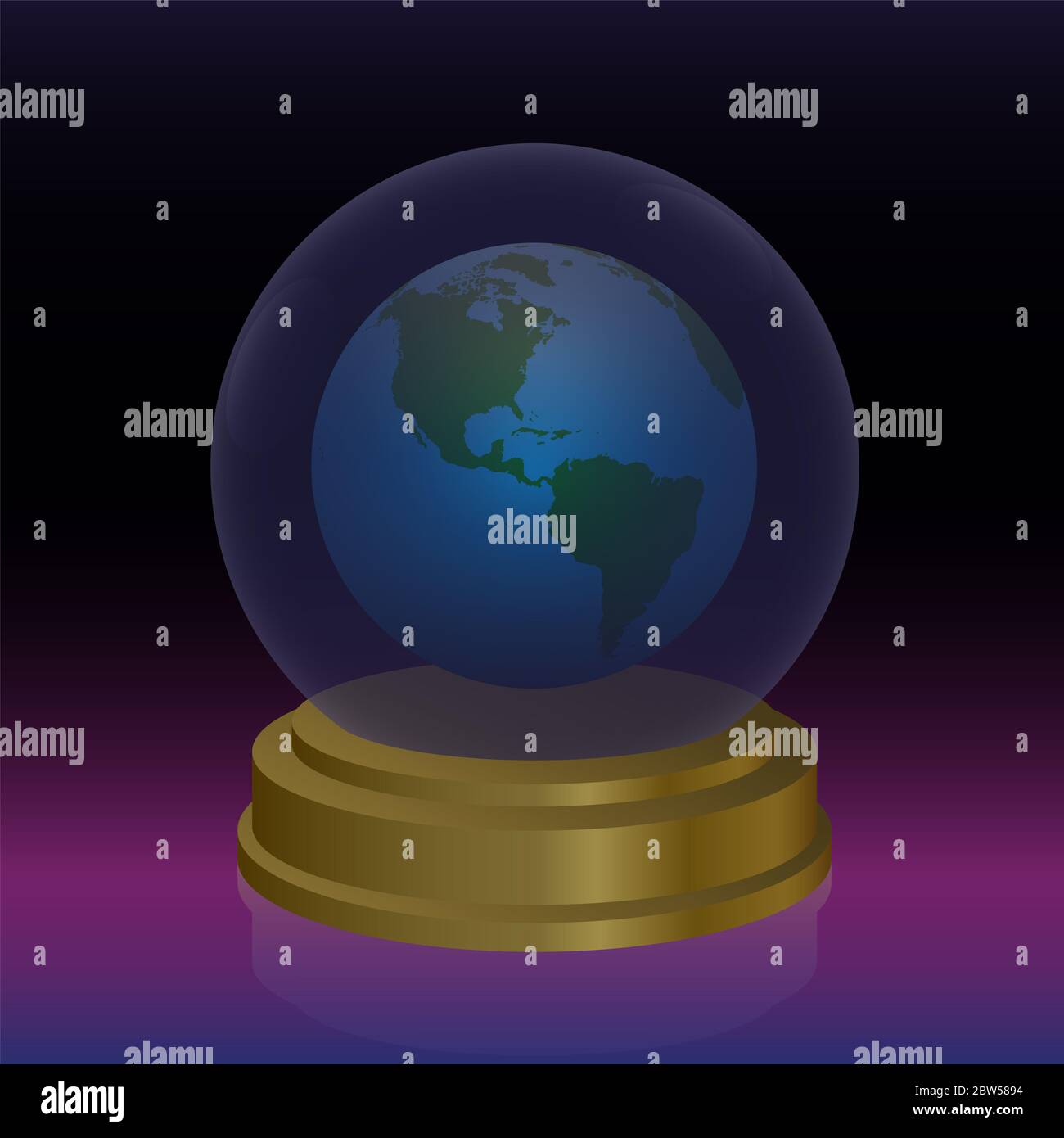 Kristallkugel mit Planet Erde. Symbol für Vorhersage, Wahrsagerei, orakel und zukünftige Vorhersage von Mensch und Natur. Stockfoto