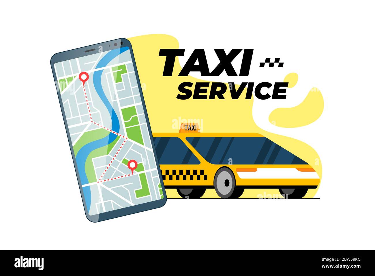 Smartphone mit Taxi-Transfer-Route und Geotag gps-Position PIN Ankunft Adresse auf Stadtplan. Online cab Order Service Mobile App Konzept. Gelbe Vektordarstellung der Taxicab-Positionierungsanwendung Stock Vektor