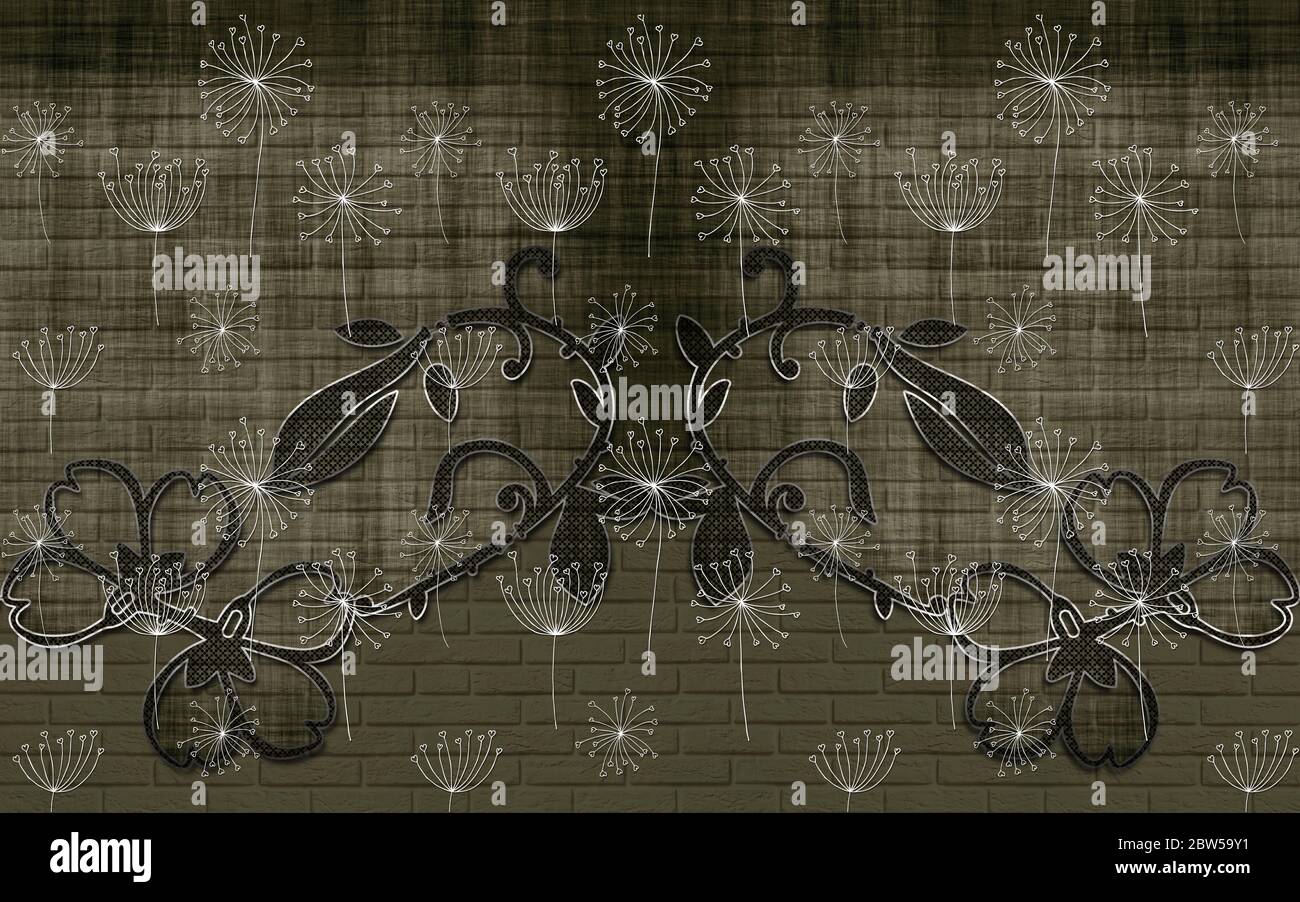 3d-Tapete Textur, Löwenzahn auf Mauerwerk Hintergrund. Wandgemälde Stockfoto