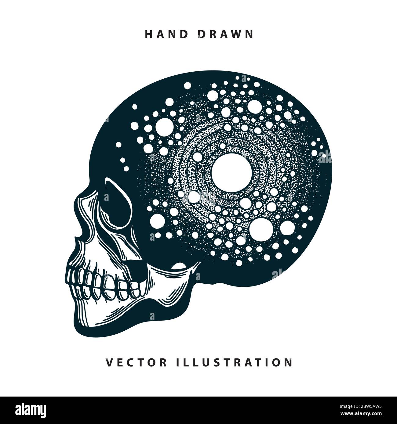 Schädel. Sonnensystem im Schädel. Schädel Hand gezeichnete Vektor-Illustration. Stock Vektor