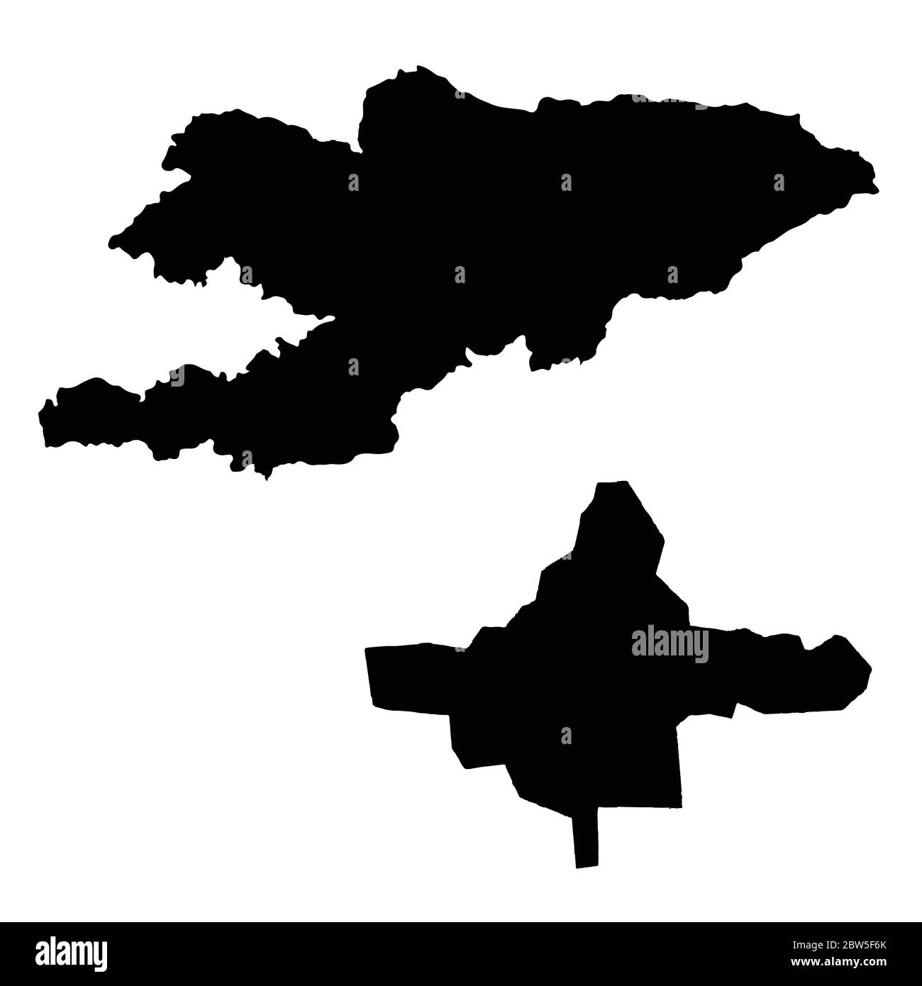 Vektorkarte Kirgisistan und Bischkek. Land und Hauptstadt. Isolierte Vektorgrafik. Schwarz auf weißem Hintergrund. EPS 10-Abbildung. Stock Vektor