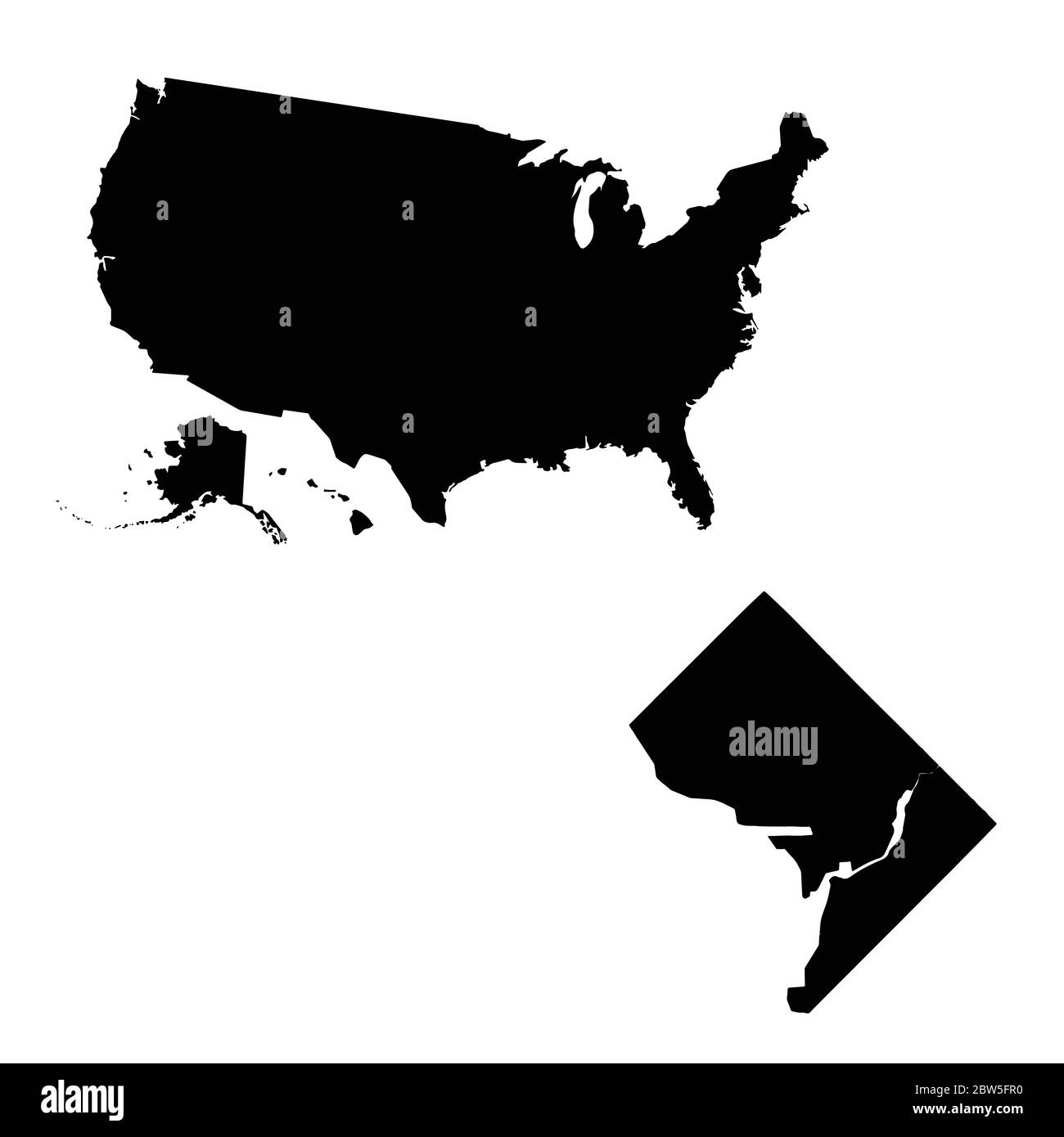 Vektorkarte Vereinigte Staaten von Amerika und Washington. Land und Hauptstadt. Isolierte Vektorgrafik. Schwarz auf weißem Hintergrund. EPS 10-Abbildung. Stock Vektor