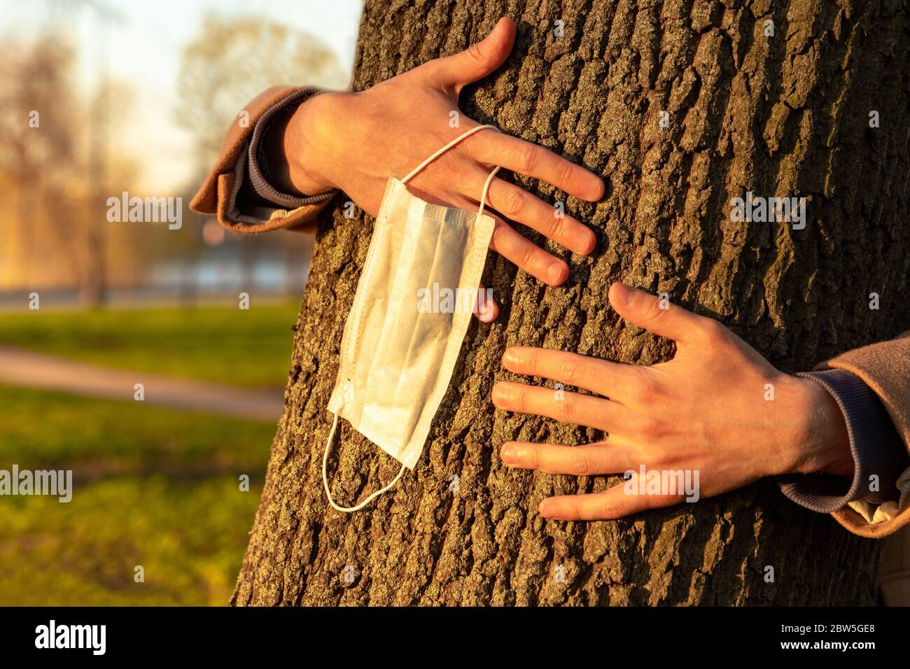 Nahaufnahme der Hände umarmen einen Baum und zieht medizinische Schutzmaske aus, hält sie an ihren Fingern, genießt das Leben, atmen frische Luft im Park ohne Stockfoto