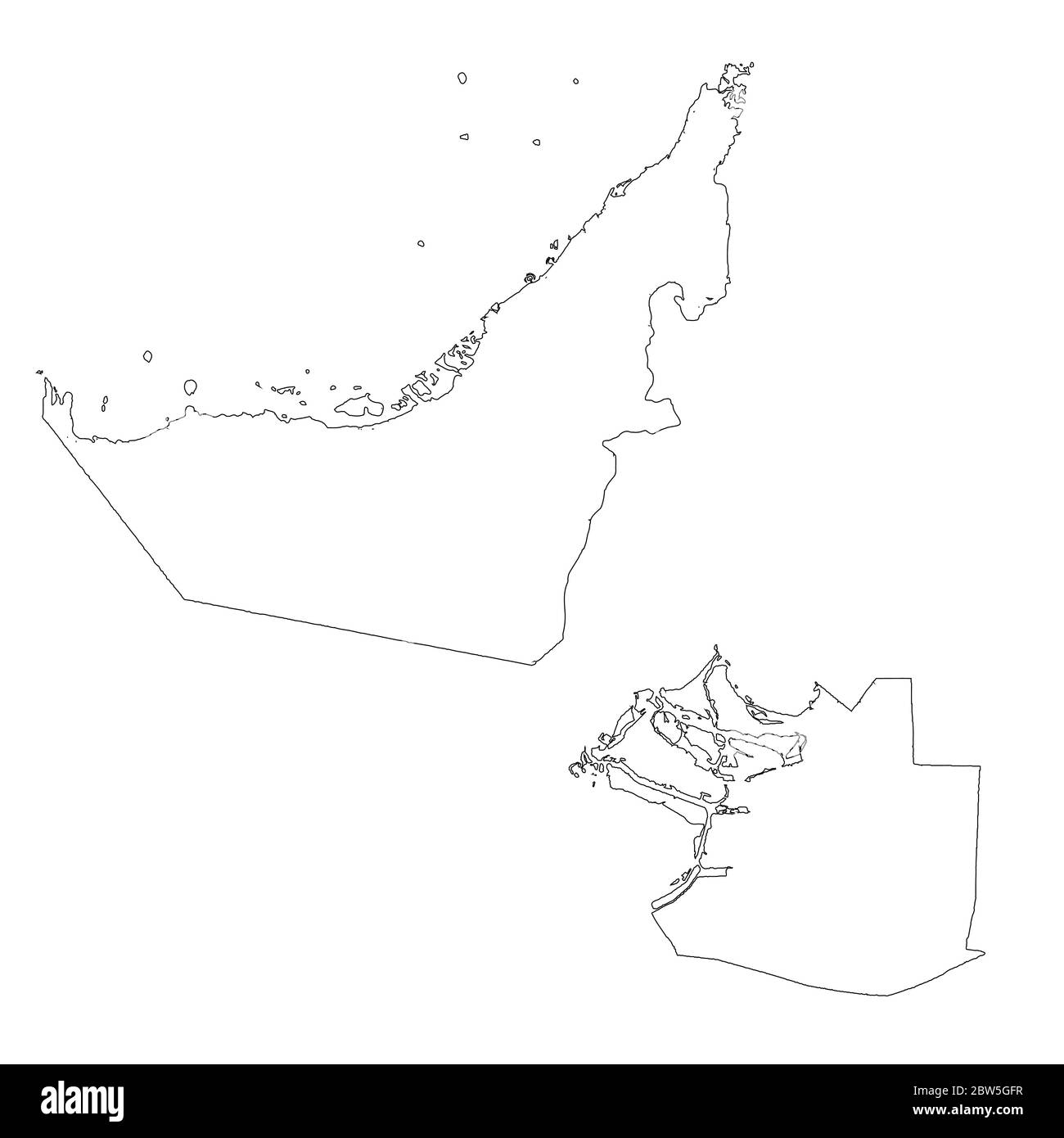 Vektorkarte Vereinigte Arabische Emirate und Abu Dhabi. Land und Hauptstadt. Isolierte Vektorgrafik. Übersicht. EPS 10-Abbildung. Stock Vektor