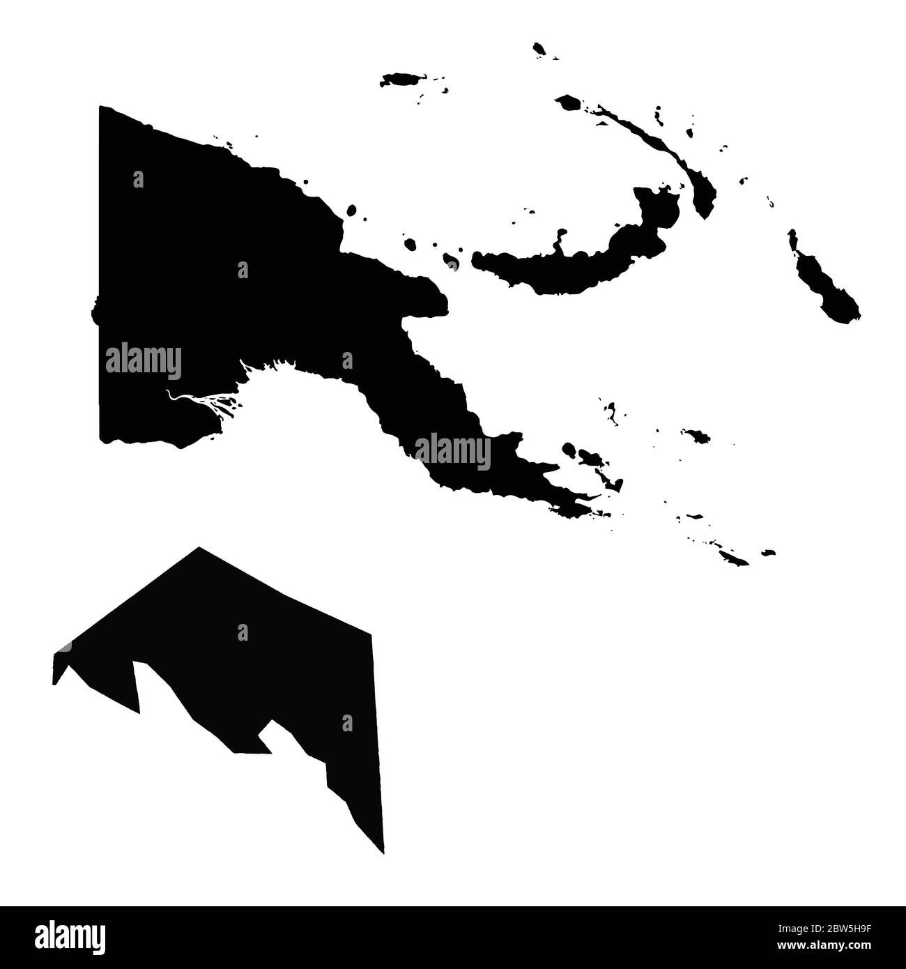 Vektorkarte Papua-Neuguinea und Port Moresby. Land und Hauptstadt. Isolierte Vektorgrafik. Schwarz auf weißem Hintergrund. EPS 10-Abbildung. Stock Vektor