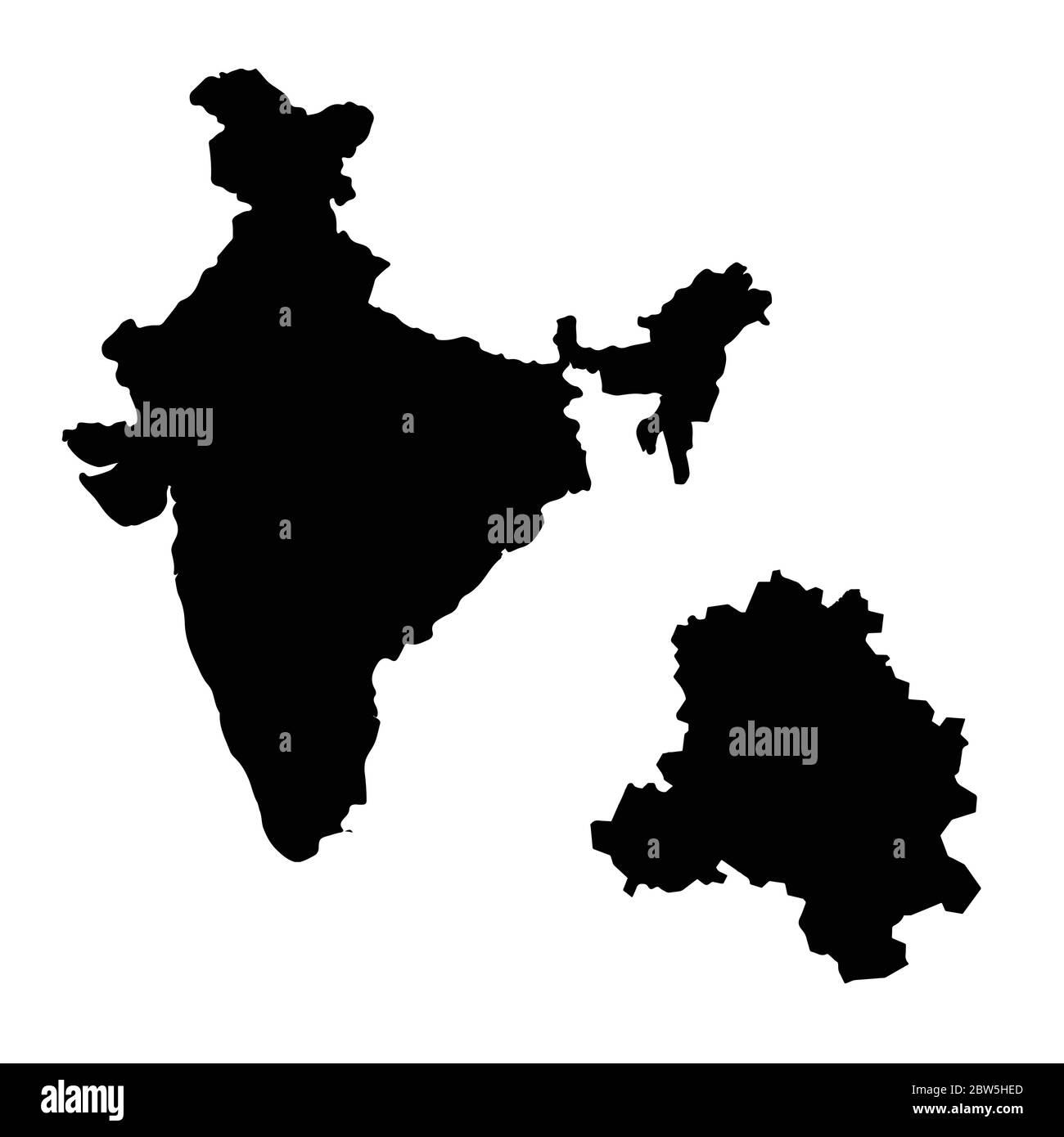 Vektorkarte Indien und Neu Delhi. Land und Hauptstadt. Isolierte Vektorgrafik. Schwarz auf weißem Hintergrund. EPS 10-Abbildung. Stock Vektor