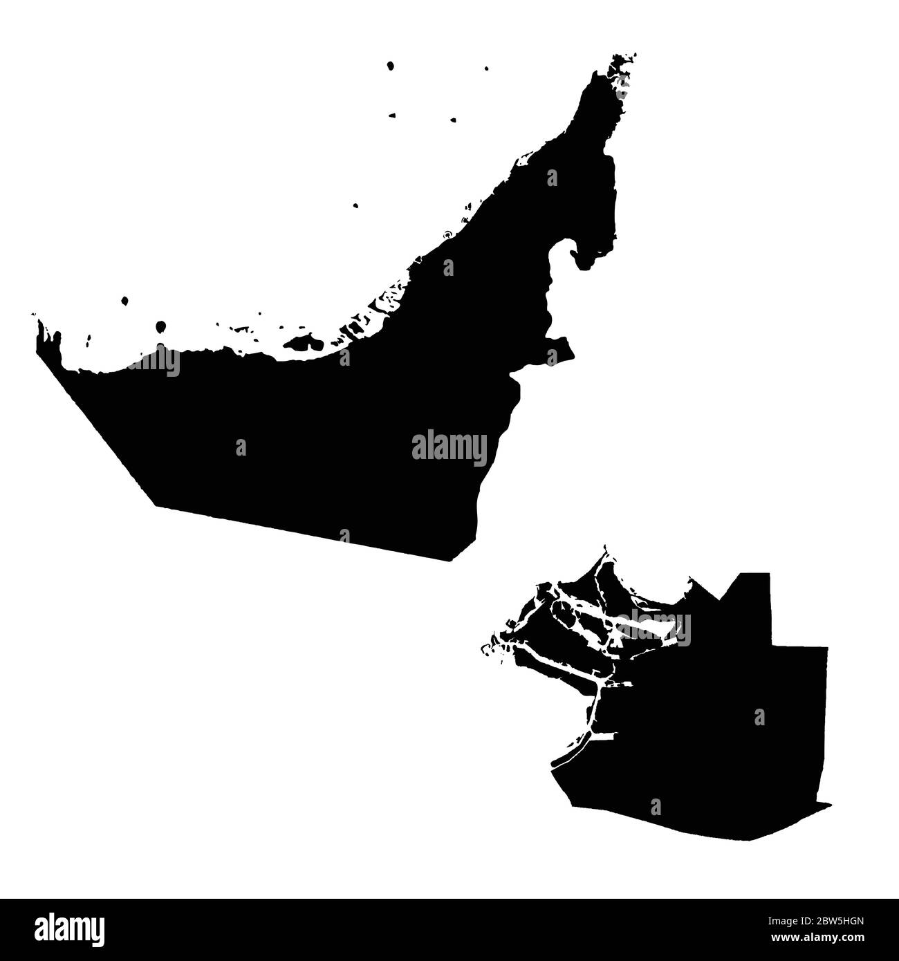 Vektorkarte Vereinigte Arabische Emirate und Abu Dhabi. Land und Hauptstadt. Isolierte Vektorgrafik. Schwarz auf weißem Hintergrund. EPS 10-Abbildung. Stock Vektor