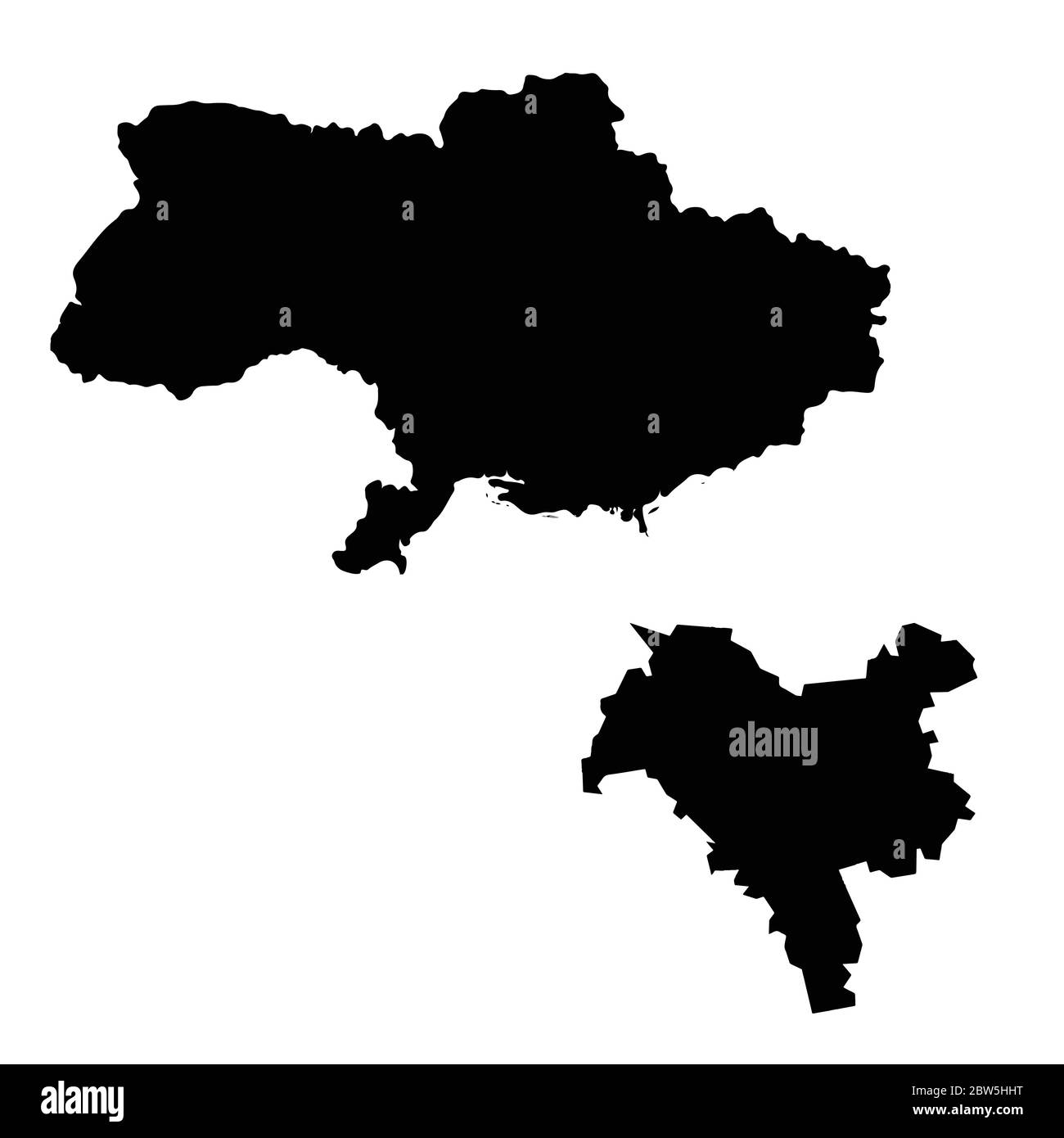 Vektorkarte Ukraine und Kiew. Land und Hauptstadt. Isolierte Vektorgrafik. Schwarz auf weißem Hintergrund. EPS 10-Abbildung. Stock Vektor