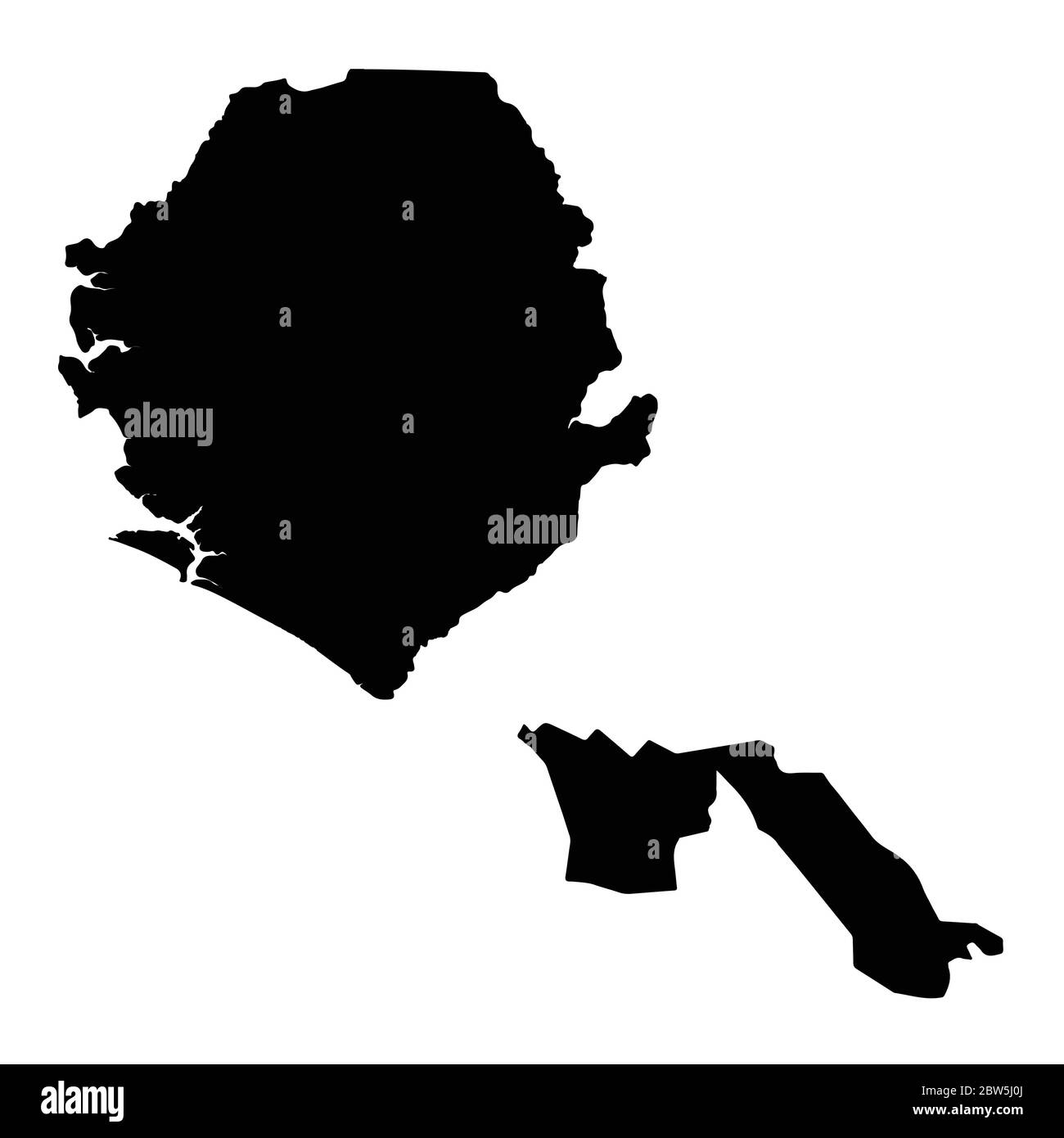Vektorkarte Sierra Leone und Freetown. Land und Hauptstadt. Isolierte Vektorgrafik. Schwarz auf weißem Hintergrund. EPS 10-Abbildung. Stock Vektor