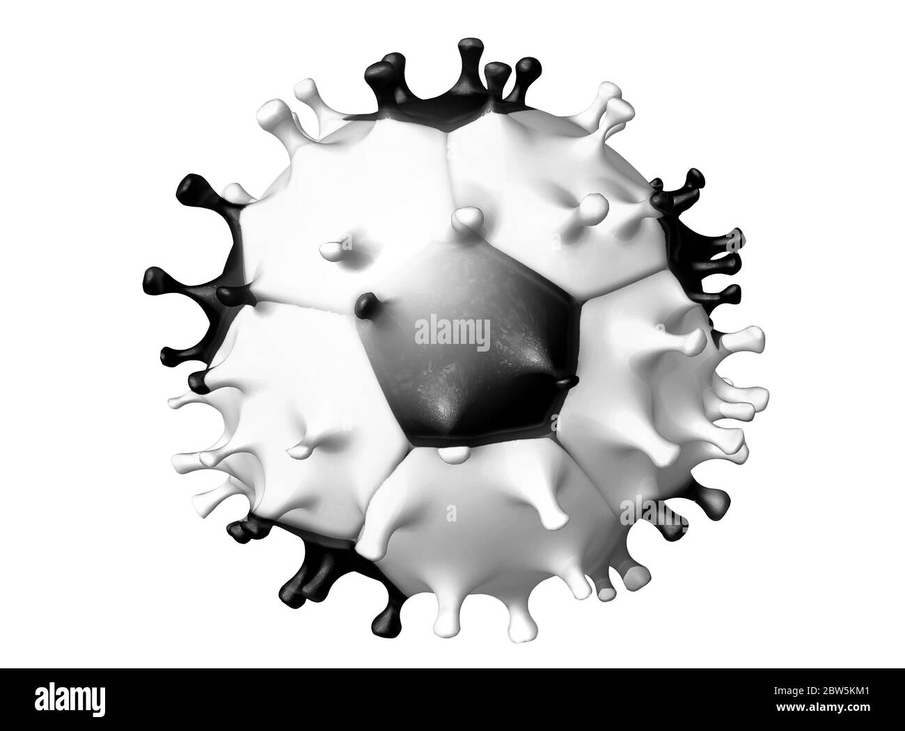 Fußball in Coronavirus-Form, isoliert auf weißem Hintergrund. Sportspiele in Covid-19 Zeit. Coronavirus Pandemie und abgesagte Fußballspiele. 3D Stockfoto