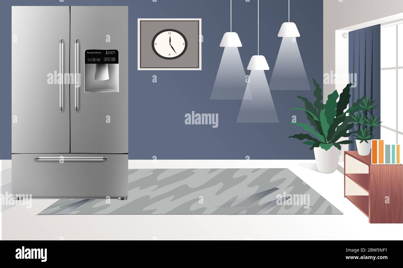 Mock-up-Illustration eines realistischen Kühlschranks in einem luxuriösen Zimmer mit Blick Stock Vektor