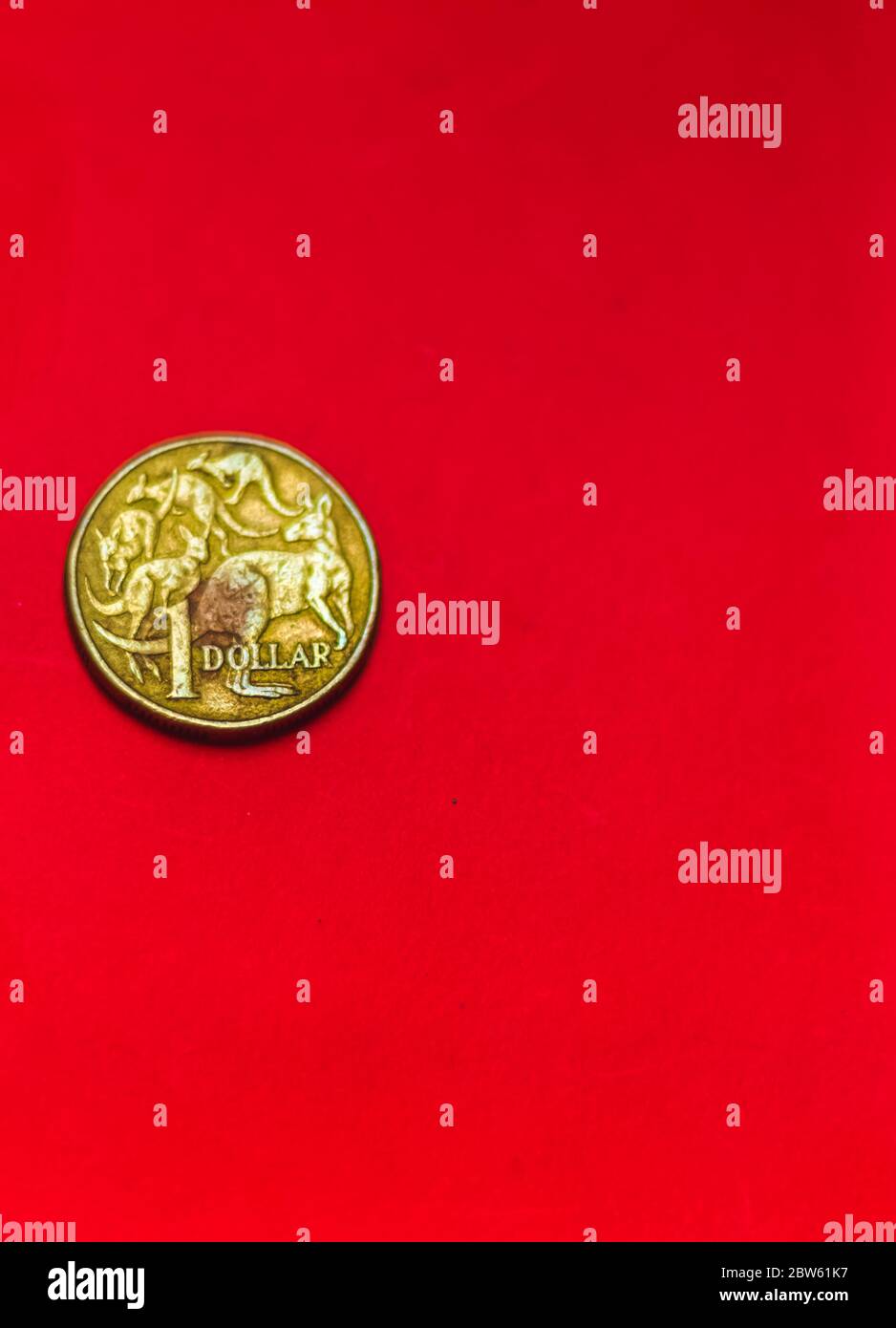 Australische Dollar-Münze Vorderseite isoliert auf rotem Hintergrund mit weichen verschwommen und Platz für Text kopieren. Eine Dollar-Münze 1995 australische Währung. Alte Münzen Stockfoto