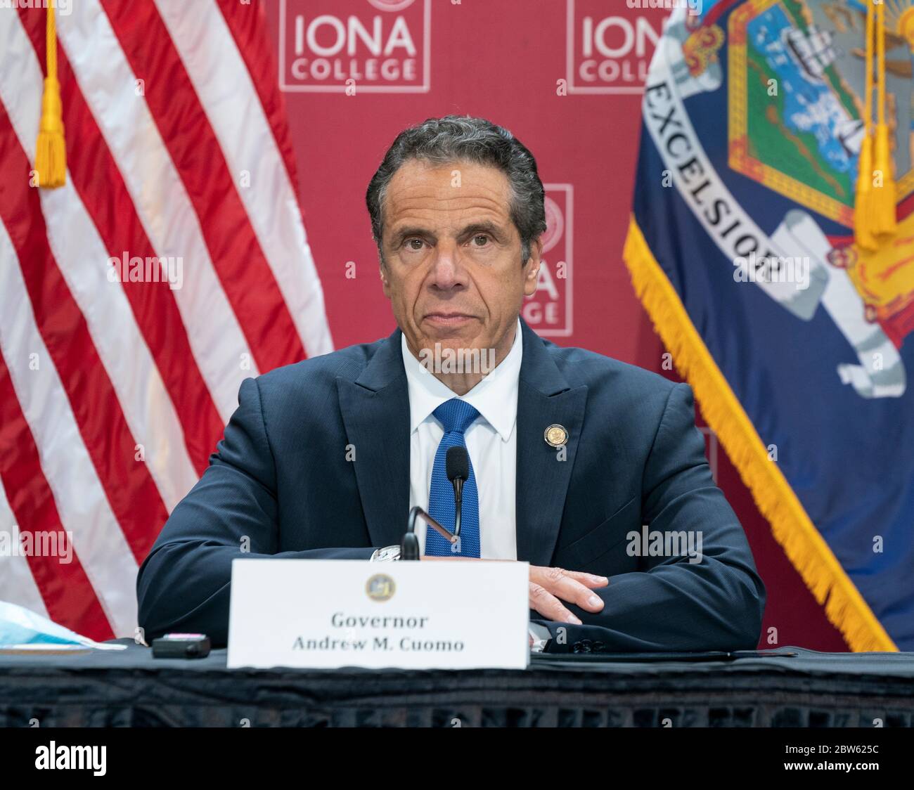 New York, NY - 29. Mai 2020: Gouverneur Cuomo gibt eine Ankündigung ab und hält Briefing über COVID-19 Antwort am Iona College in New Rochelle Stockfoto