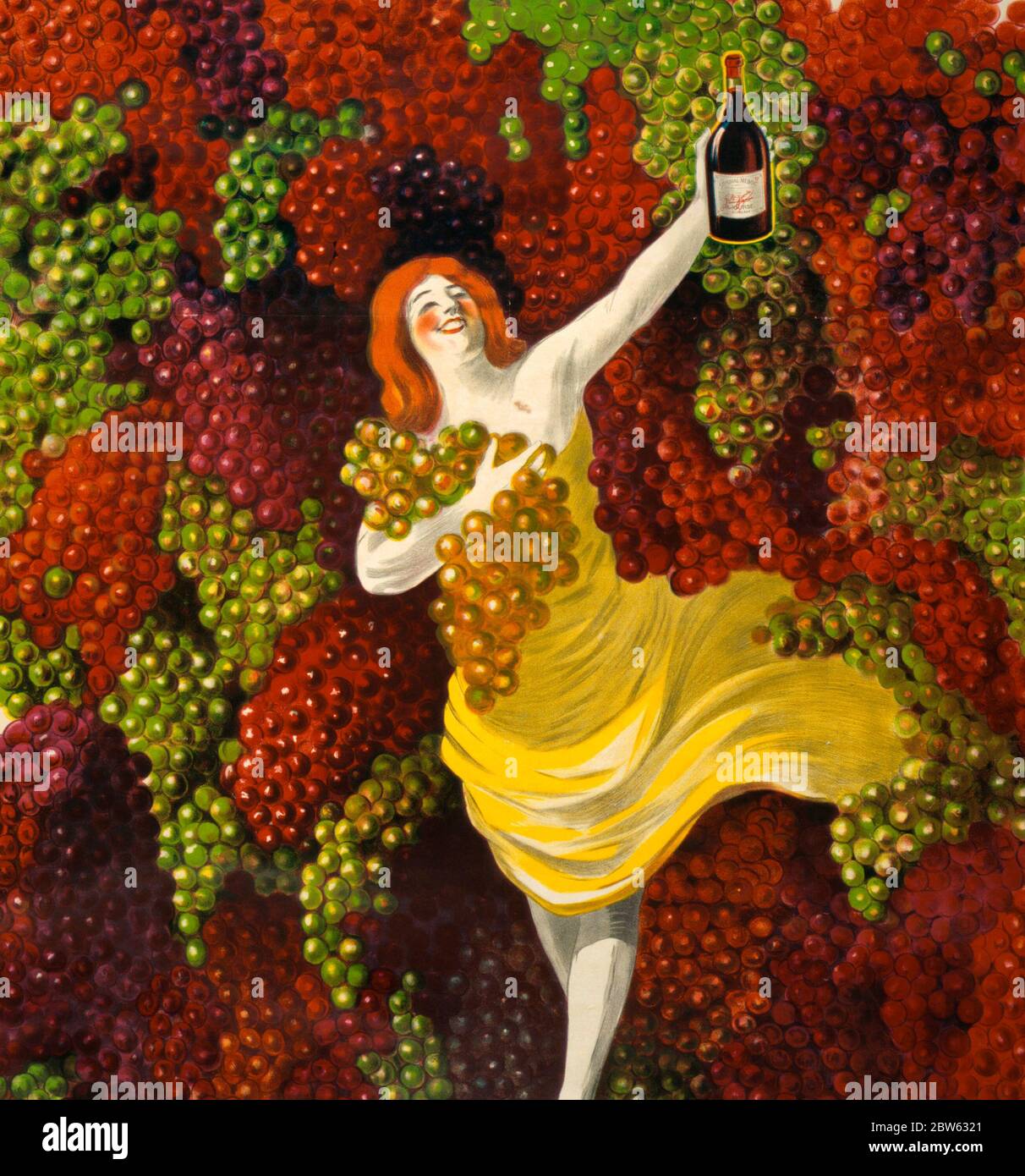 Poster, das eine Frau zeigt, die eine Flasche und Trauben vor einem Hintergrund von Trauben hält. Stockfoto