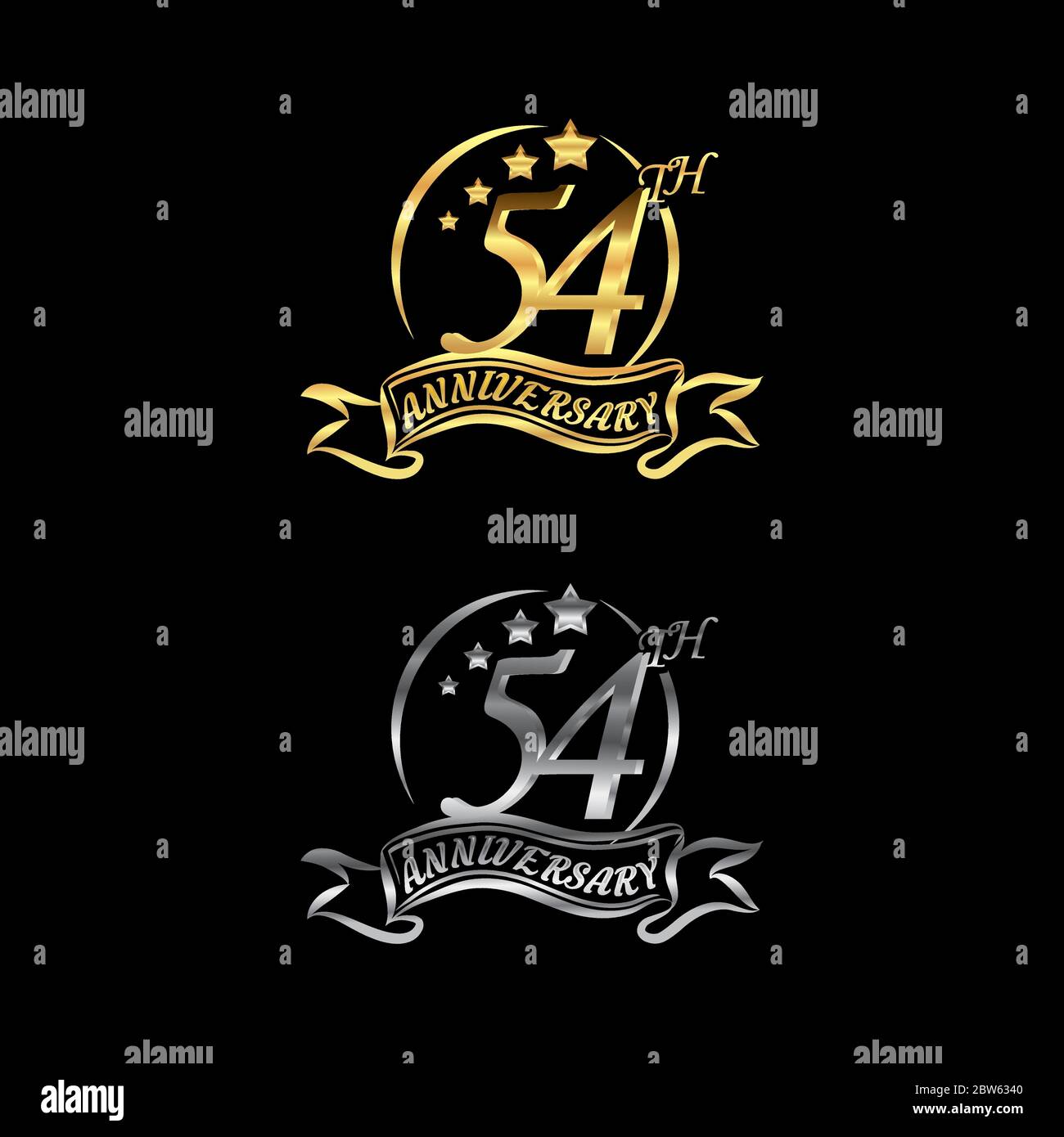 Feiern Sie das 54. Jubiläum Logo, Sternform, mit Gold und Silber Ringe und Abstufung Bänder isoliert auf einem schwarzen Hintergrund.EPS 10 Stock Vektor