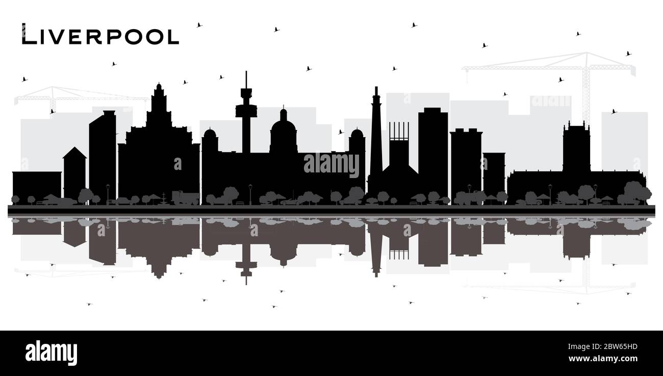 Liverpool City Skyline Silhouette mit schwarzen Gebäuden und Reflektionen isoliert auf Weiß. Vektorgrafik. Stock Vektor