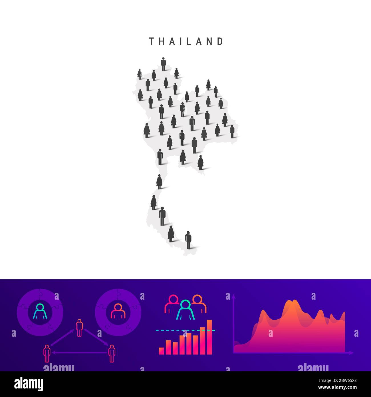 Symbolkarte für Thailänder. Detaillierte Vektorsilhouette. Gemischte Menschenmenge von Männern und Frauen. Infografiken der Bevölkerung. Isolierte Vektordarstellung. Stock Vektor