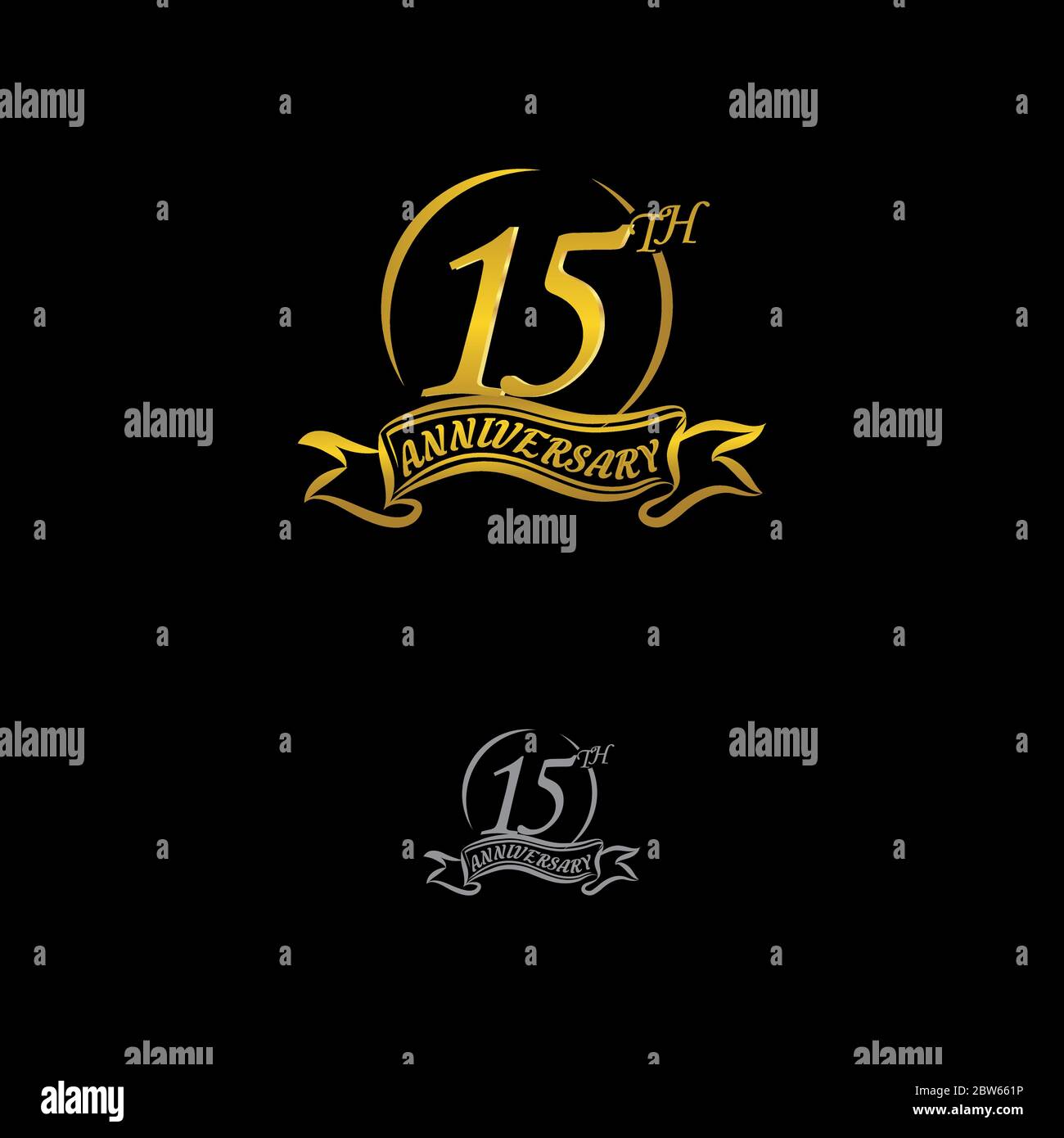 Das 15. Jubiläum Logo, mit goldenen Ringen und Farbbändern isoliert auf schwarzem Hintergrund.EPS 10 Stock Vektor