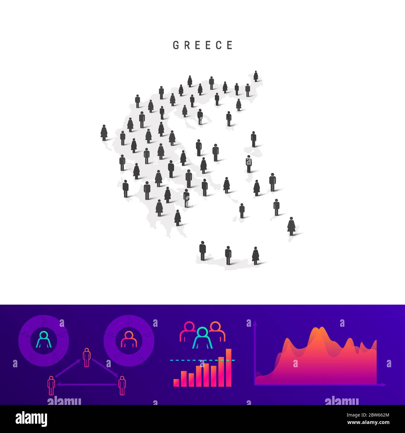 Symbolkarte für griechische Leute. Detaillierte Vektorsilhouette. Gemischte Menschenmenge von Männern und Frauen. Infografiken der Bevölkerung. Isolierte Vektordarstellung. Stock Vektor