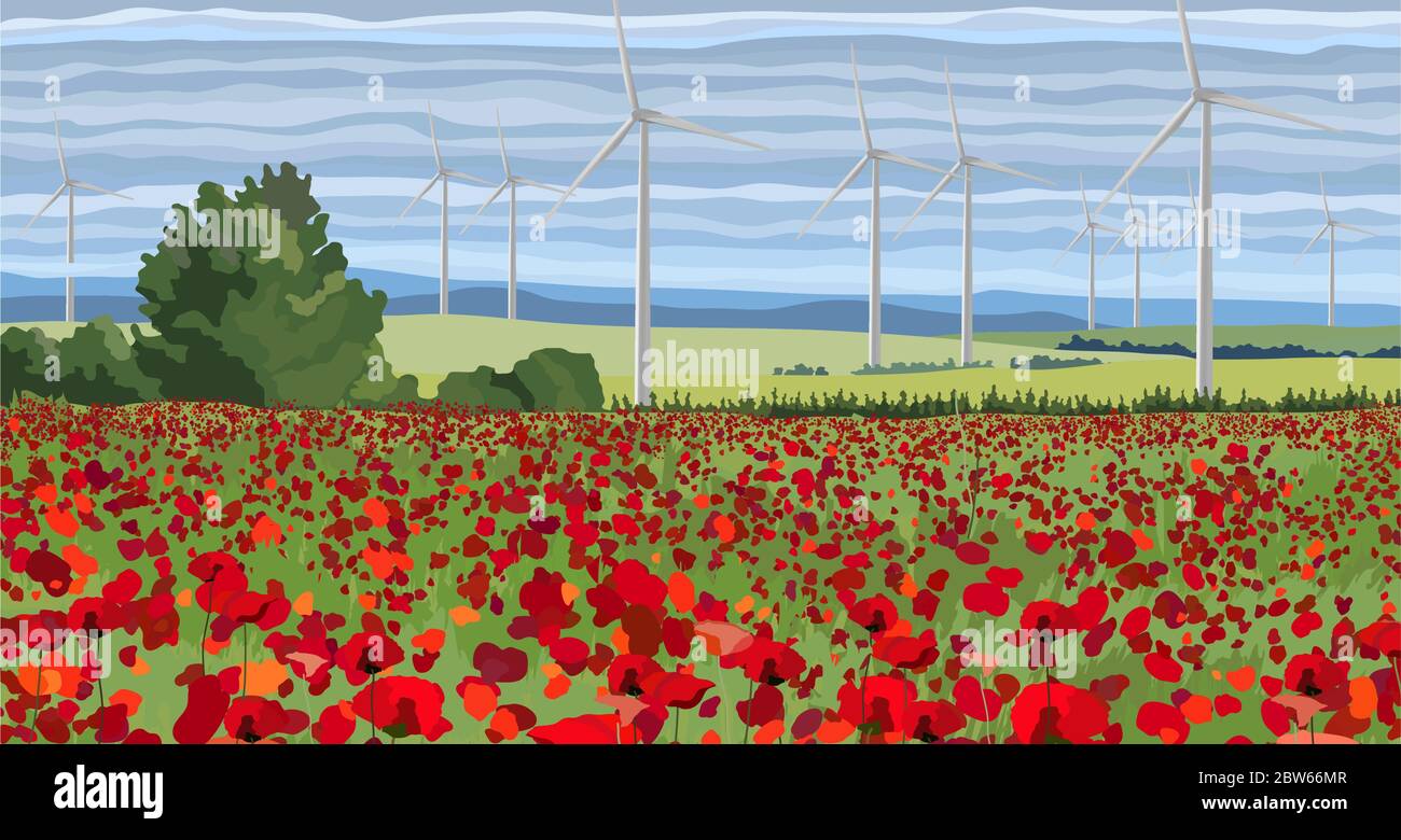Weiße Windkraftanlage, die Strom im Mohnfeld erzeugt Stock Vektor